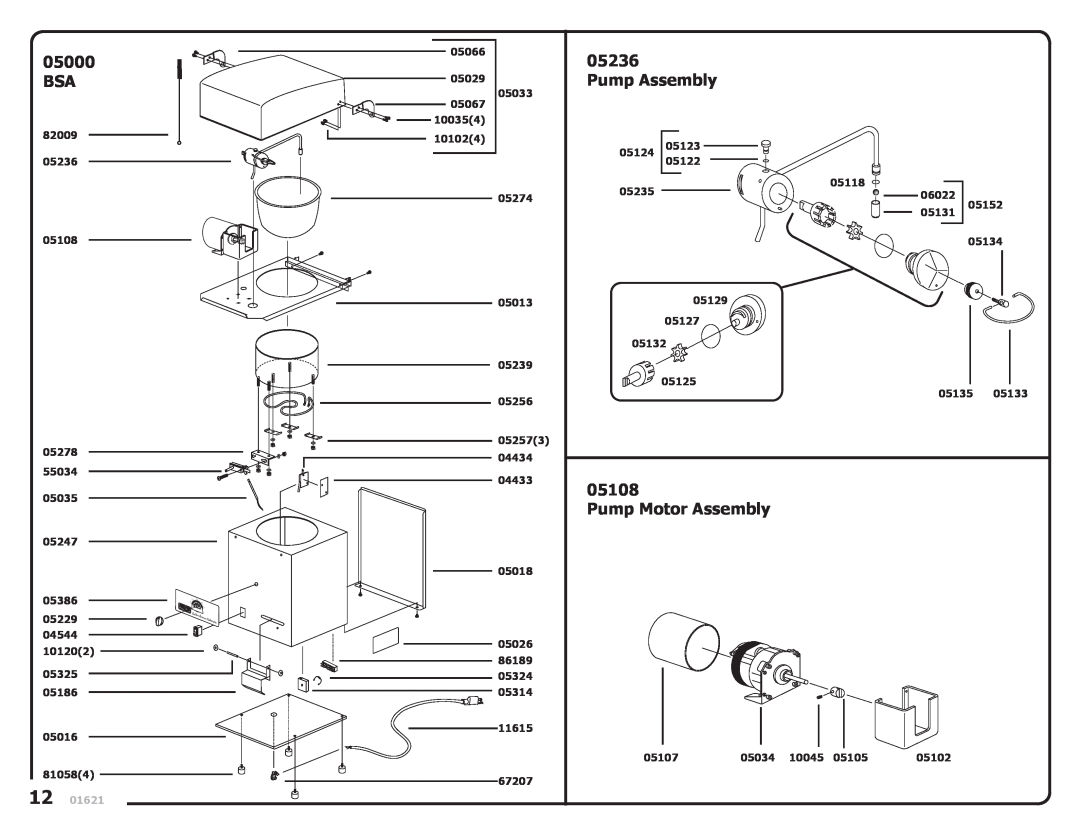 Server Technology 01621-REVC-100605 manual 05000 BSA, 05236, Pump Assembly, 05108, Pump Motor Assembly 