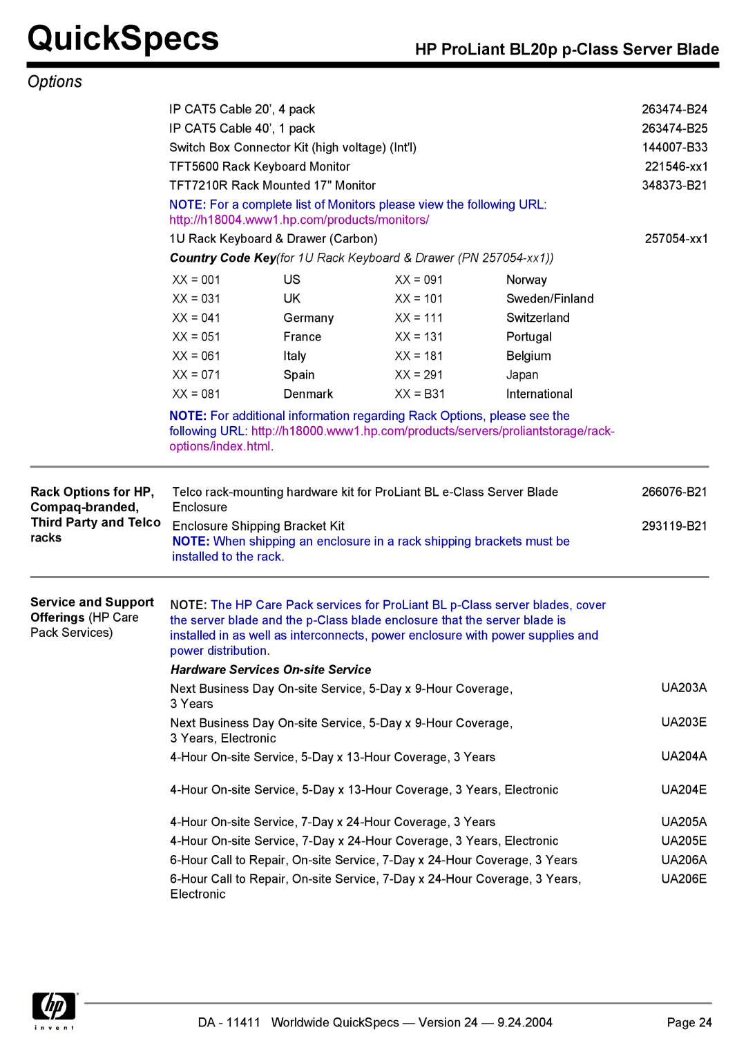 Server Technology BL20P manual Country Code Keyfor 1U Rack Keyboard & Drawer PN, Service and Support Offerings HP Care 