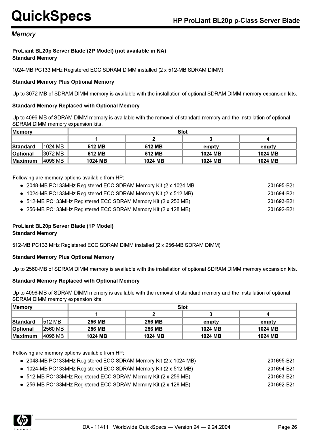 Server Technology BL20P manual Standard Memory Plus Optional Memory, Standard Memory Replaced with Optional Memory 