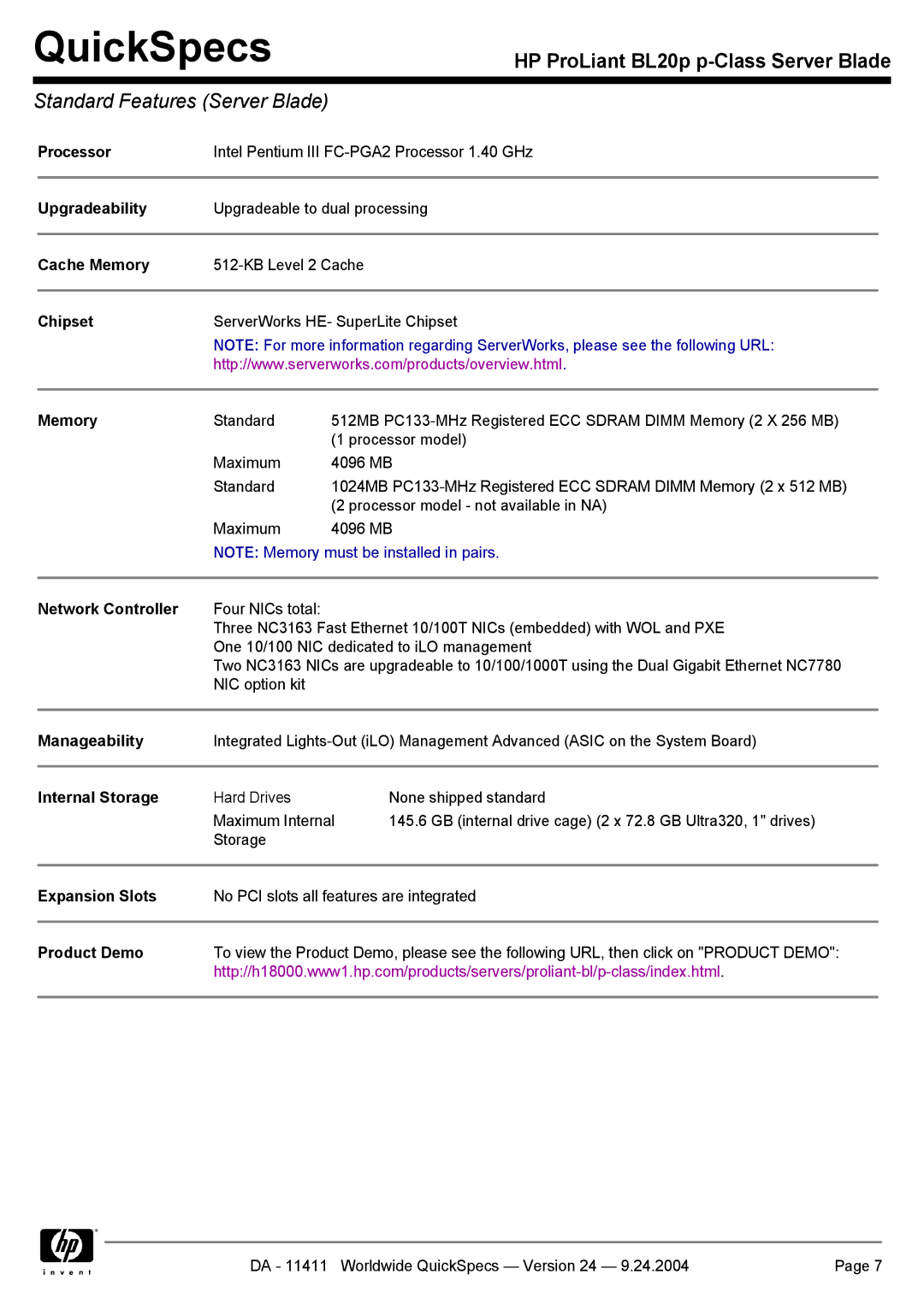 Server Technology BL20P manual Standard Features Server Blade 