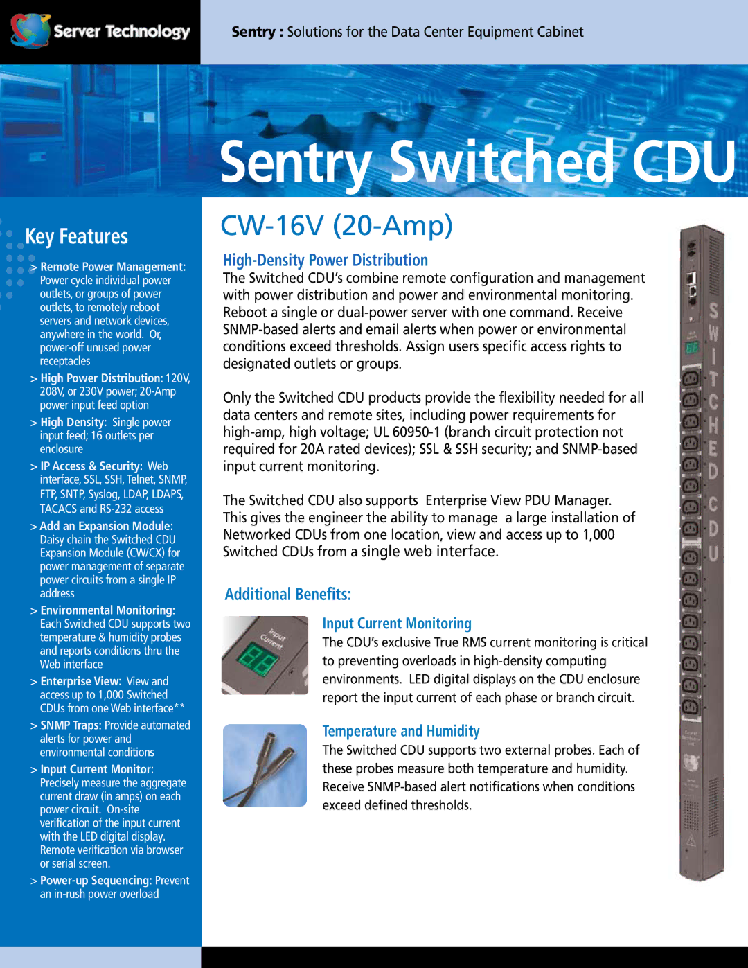 Server Technology CDUCW-16V-MX technical specifications Input Current Monitoring, Temperature and Humidity 