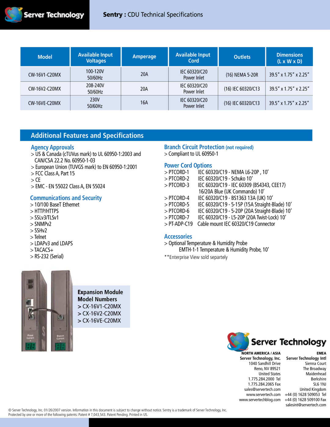 Server Technology CDUCW-16V-MX Agency Approvals, Communications and Security, Branch Circuit Protection not required 