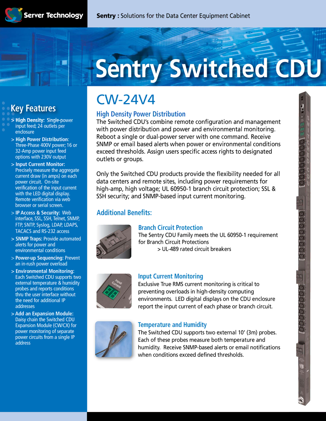 Server Technology CDUCW-24V4 specifications Branch Circuit Protection, Input Current Monitoring, Temperature and Humidity 