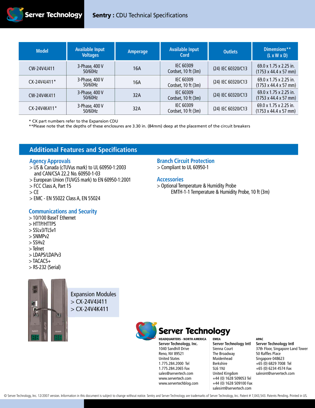 Server Technology CDUCW-24V4 Sentry CDU Technical Specifications, Agency Approvals Branch Circuit Protection, Accessories 