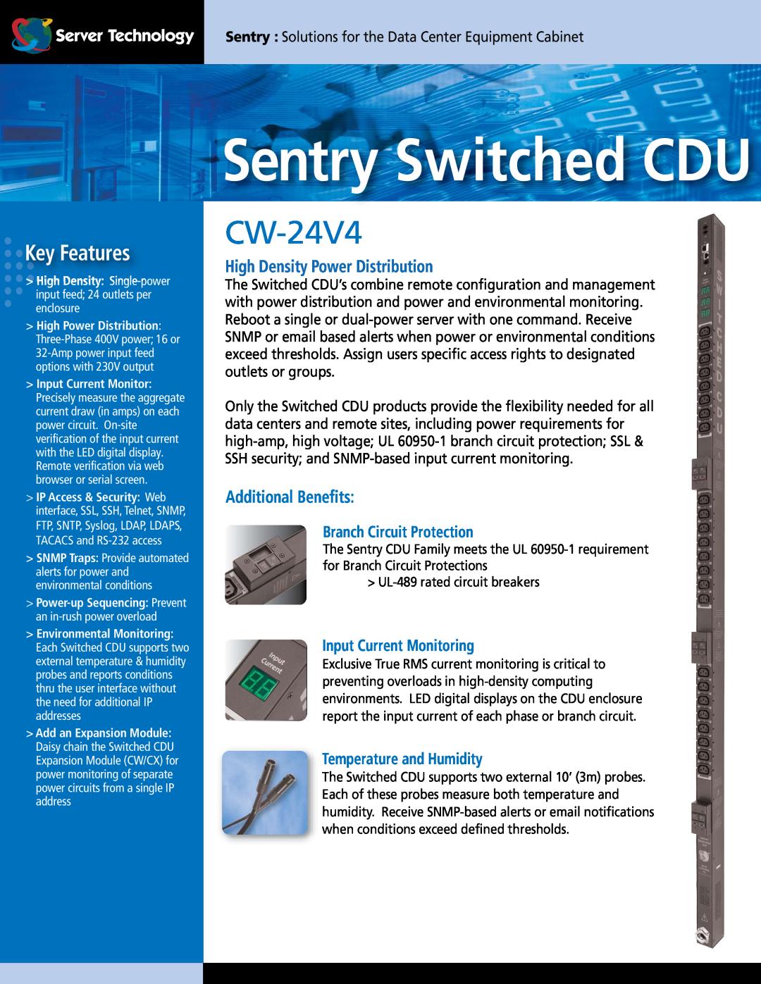 Server Technology CDUCW-24V4 specifications Sentry Switched CDU, Key Features, High Density Power Distribution 