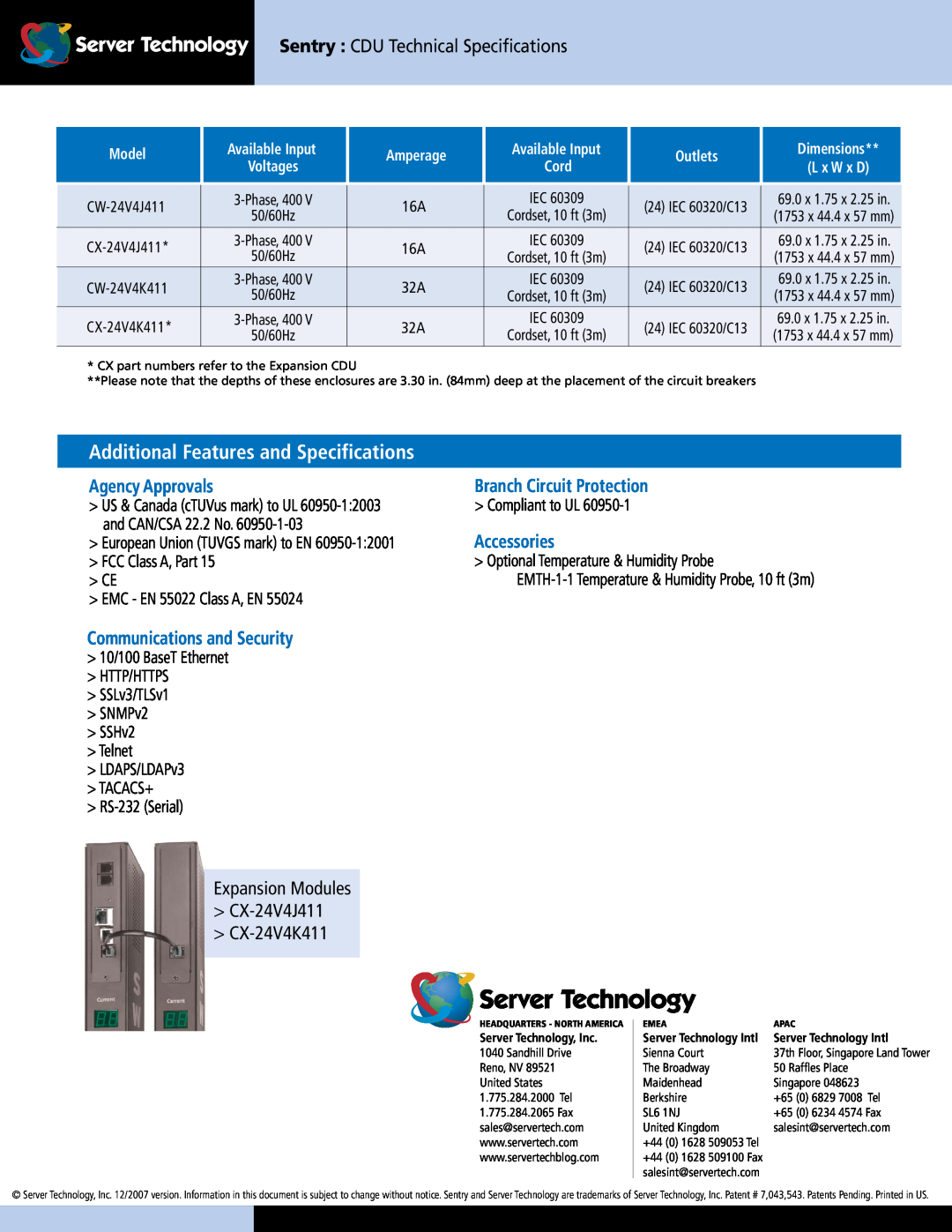 Server Technology CDUCW-24V4 Additional Features and Specifications, Agency Approvals, Branch Circuit Protection, Model 