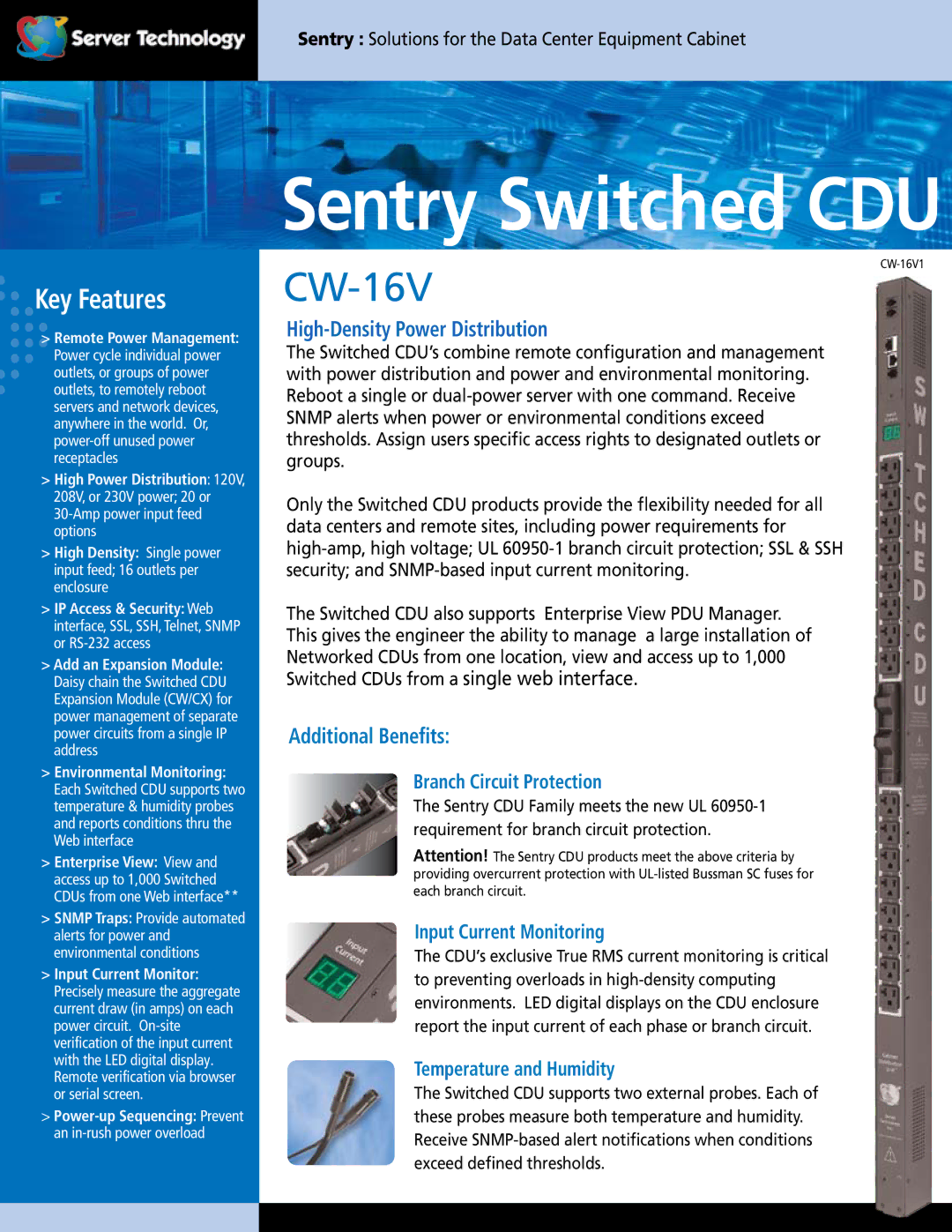 Server Technology CW-16V technical specifications Branch Circuit Protection, Input Current Monitoring 