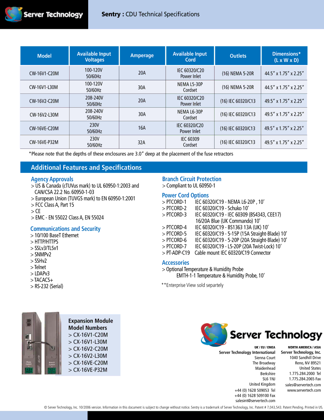 Server Technology CW-16V Agency Approvals, Communications and Security, Branch Circuit Protection, Power Cord Options 