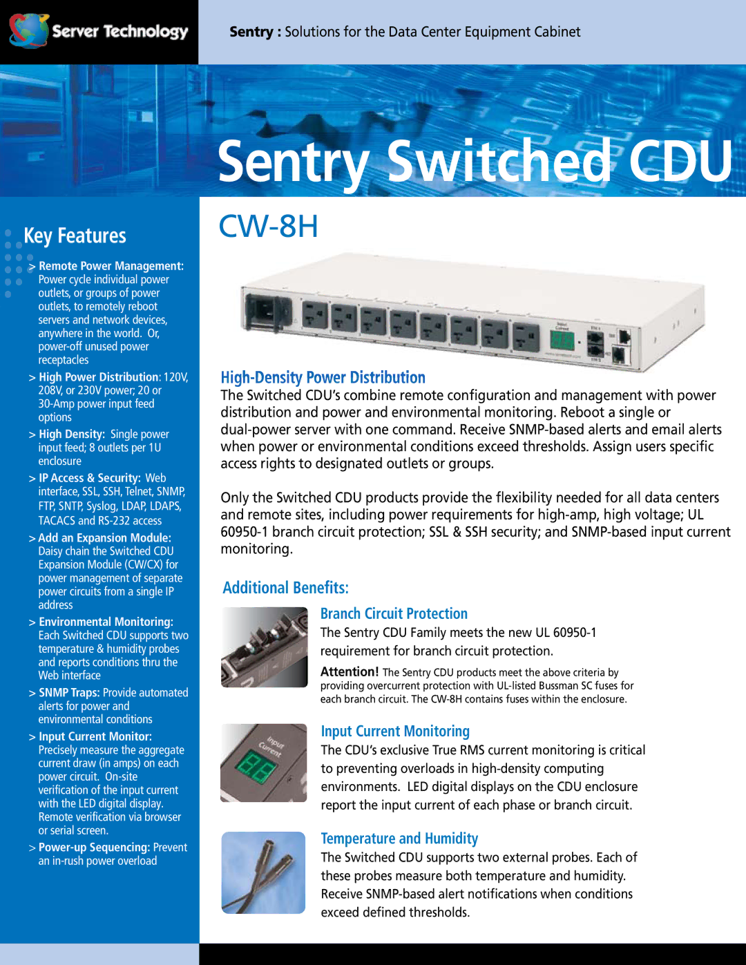 Server Technology CW-8H technical specifications Branch Circuit Protection, Input Current Monitoring 