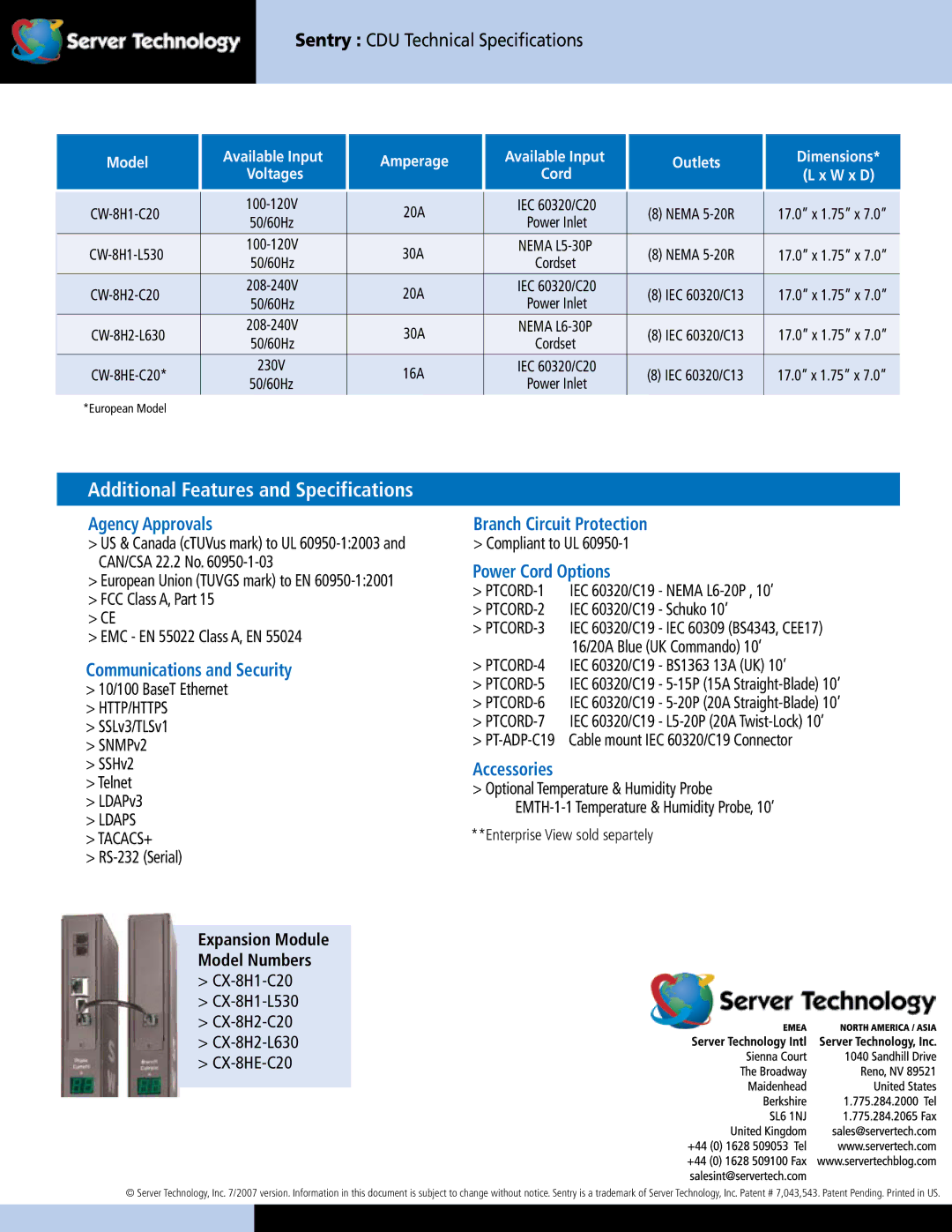 Server Technology CW-8H Agency Approvals, Communications and Security, Branch Circuit Protection, Power Cord Options 