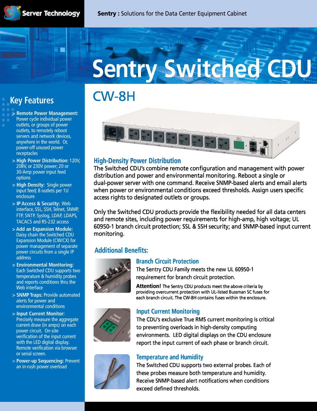 Server Technology CW-8H technical specifications Sentry Switched CDU, Key Features, High-Density Power Distribution 