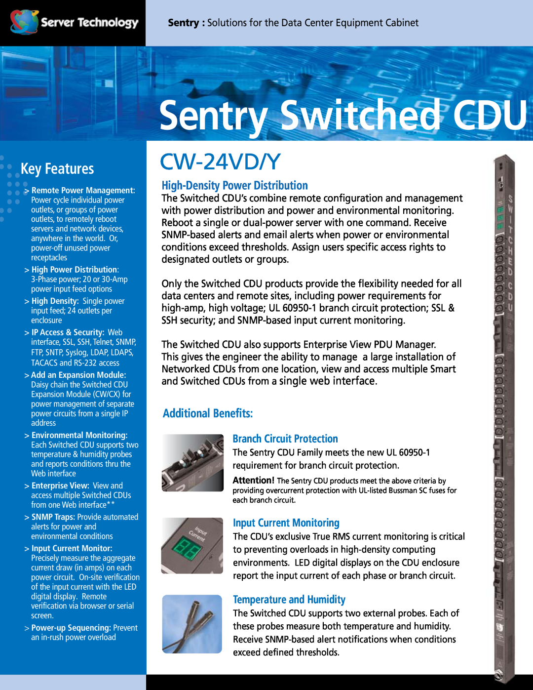 Server Technology CDU CW-24VD technical specifications Sentry Switched CDU, CW-24VD/Y, Key Features, Additional Benefits 
