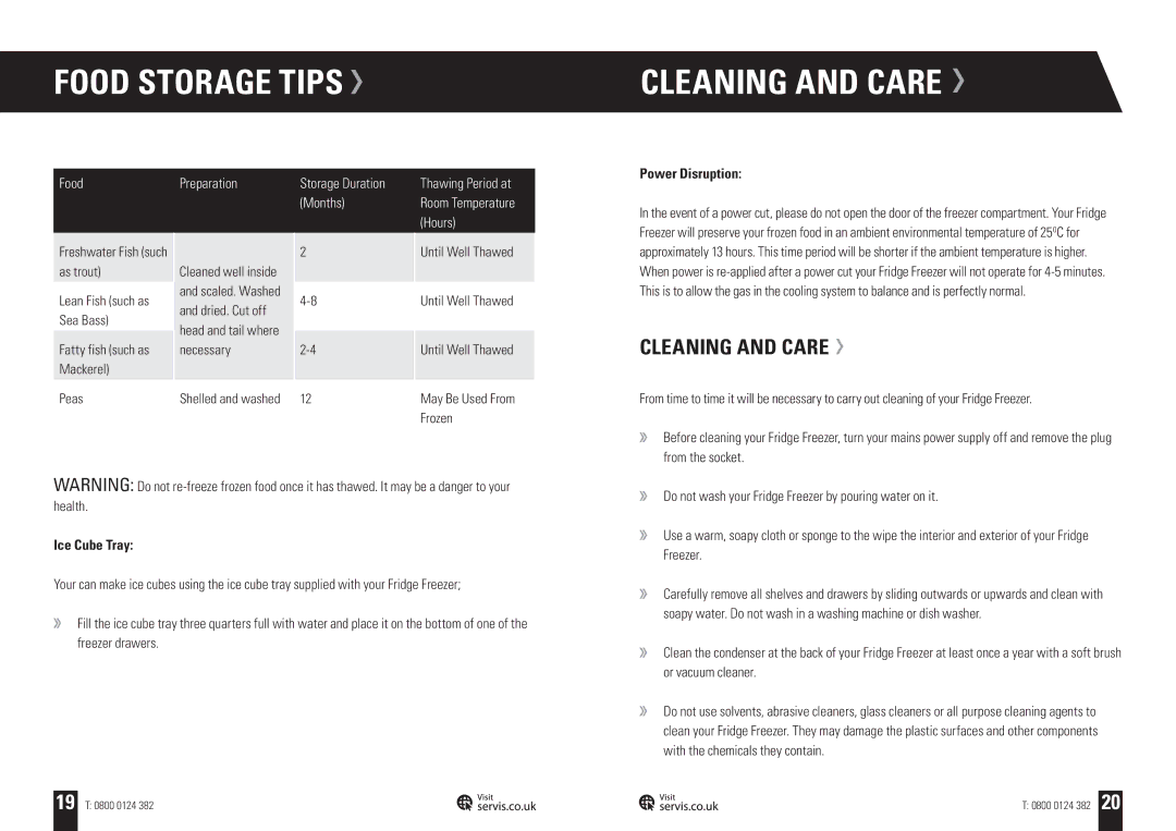 Servis C60185NFPT, C60185NFTG, C60185NFR, C60185NFC Food Storage Tips Cleaning and Care, Power Disruption, Ice Cube Tray 