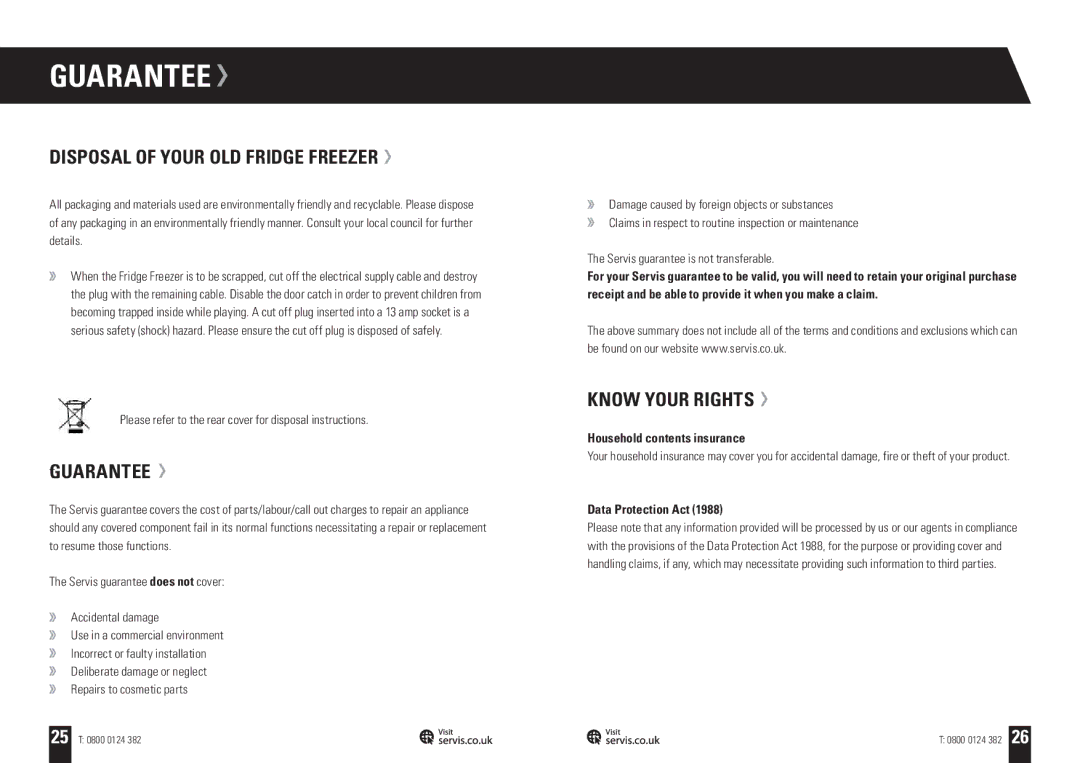 Servis C60185NFTG Guarantee, Disposal of Your OLD Fridge Freezer, Know Your Rights, Household contents insurance 