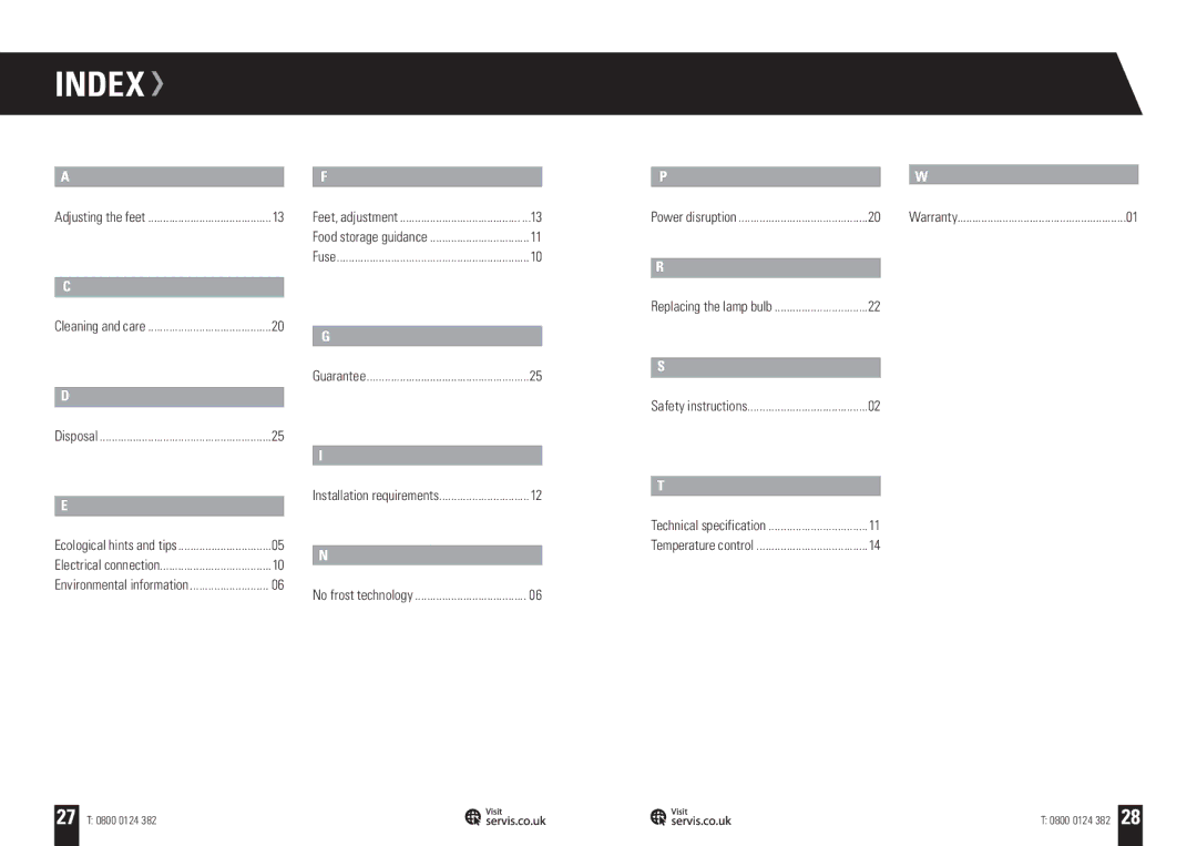Servis C60185NFR, C60185NFTG, C60185NFPT, FRIDGE FREEZER, C60185NFC user manual Index, Environmental information 27 T 0800 0124 