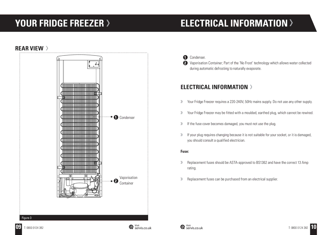 Servis C60185NFPT, C60185NFTG, C60185NFR, FRIDGE FREEZER, C60185NFC user manual Electrical Information, Rear View, Fuse 