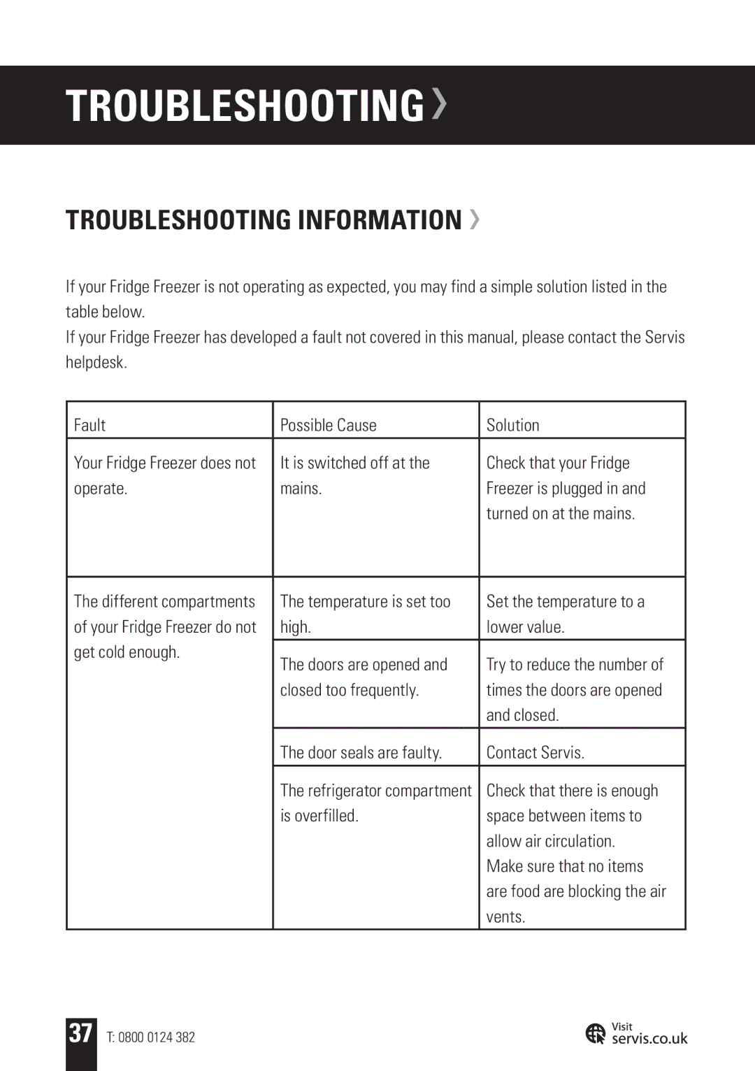 Servis FD91185SS, AMERICAN STYLE FRIDGE FREEZER user manual Troubleshooting Information 