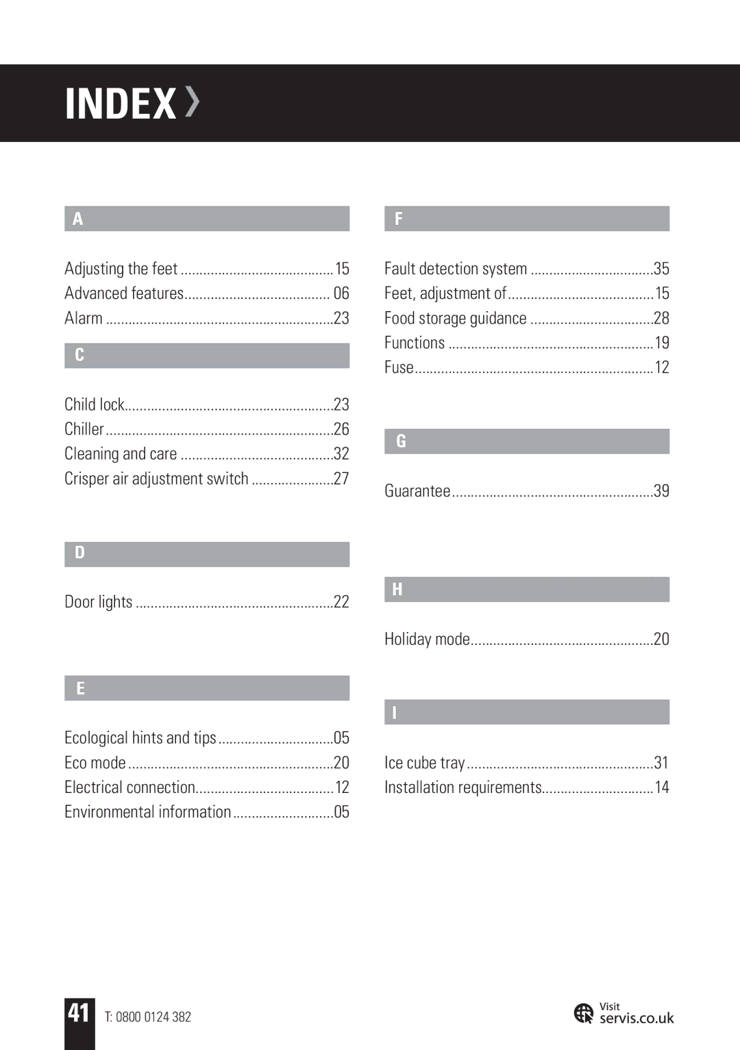 Servis FD91185SS, AMERICAN STYLE FRIDGE FREEZER user manual Index, Door lights 