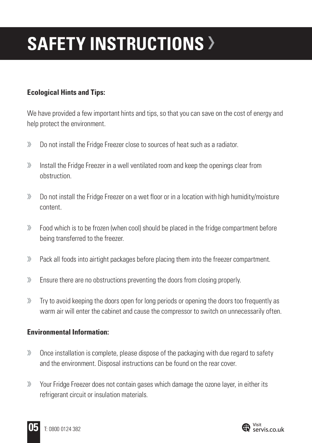 Servis FD91185SS, AMERICAN STYLE FRIDGE FREEZER user manual Ecological Hints and Tips, Environmental Information 