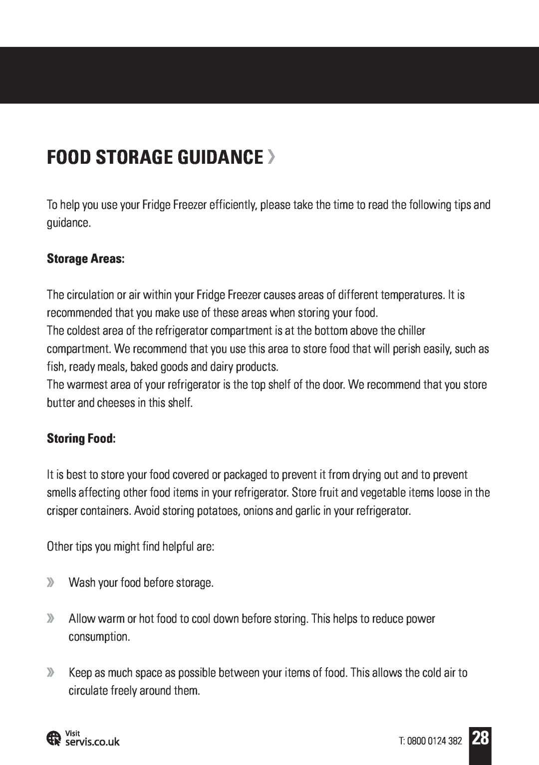 Servis AMERICAN STYLE FRIDGE FREEZER, FD91185SS user manual Food Storage Guidance, Storage Areas, Storing Food 