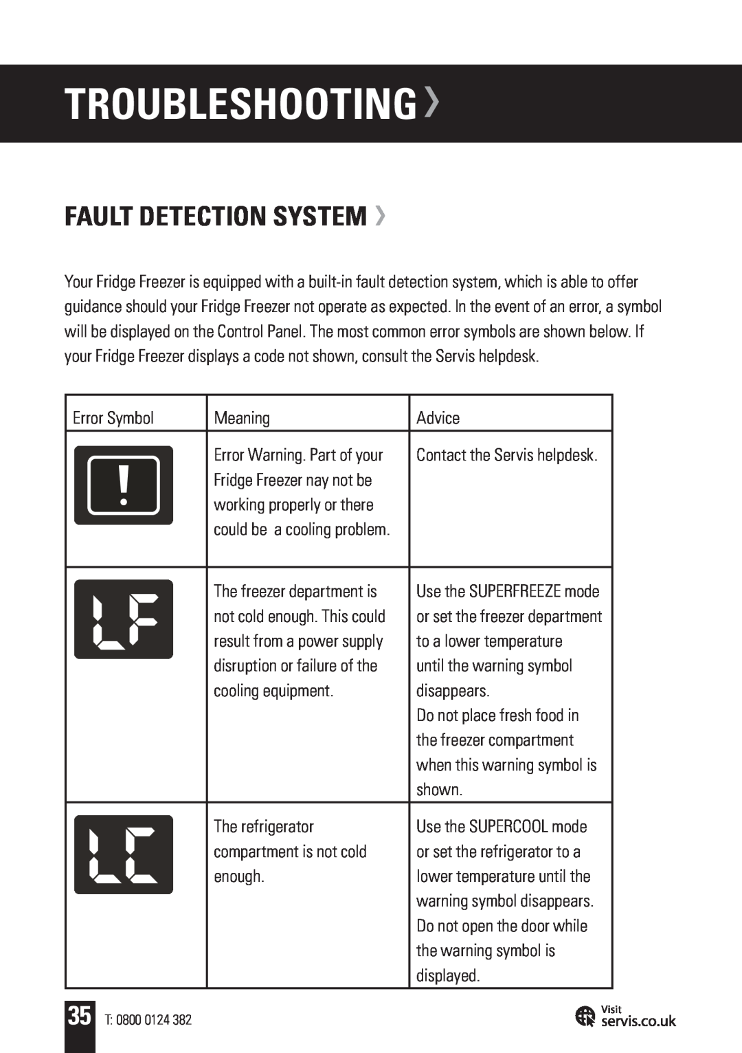Servis FD91185SS, AMERICAN STYLE FRIDGE FREEZER user manual Troubleshooting, Fault Detection System 