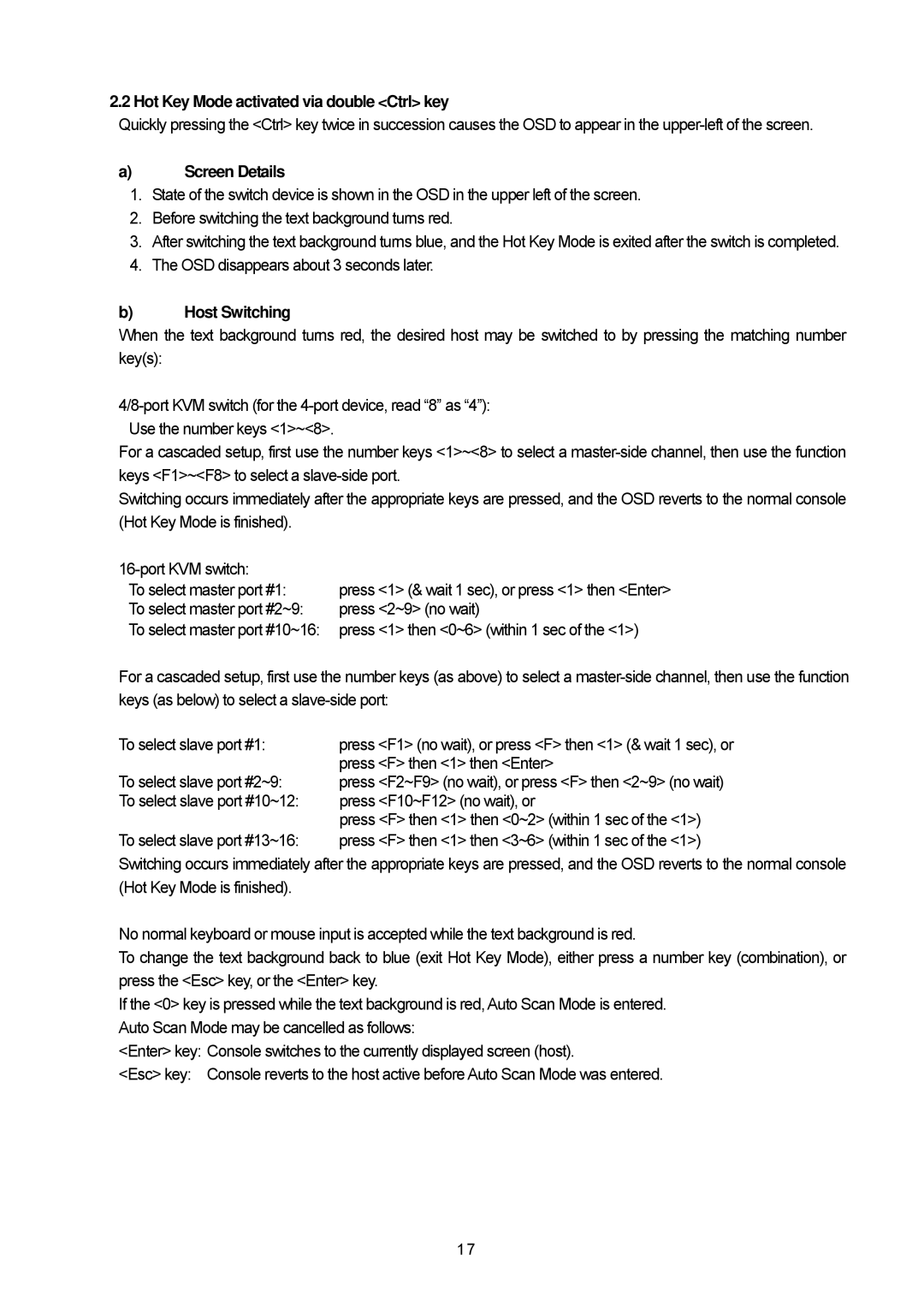 Servis FS-1016MT, FS-1008MT, FS-1004MT user manual Hot Key Mode activated via double Ctrl key, Host Switching 