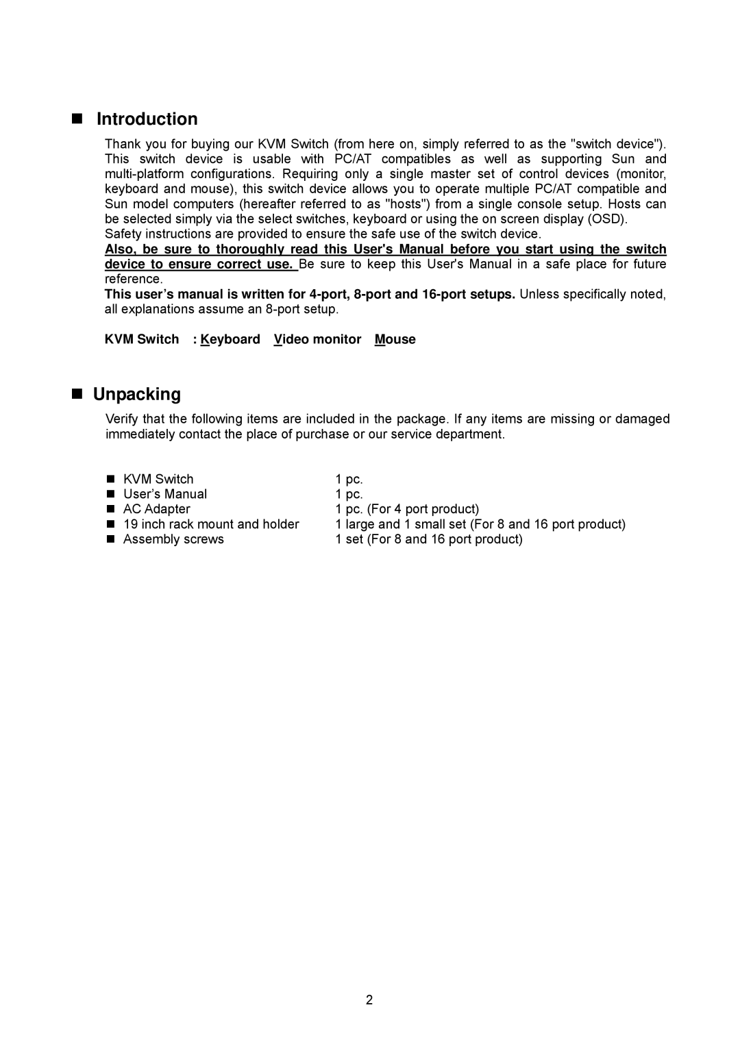 Servis FS-1016MT, FS-1008MT, FS-1004MT user manual Introduction, Unpacking 