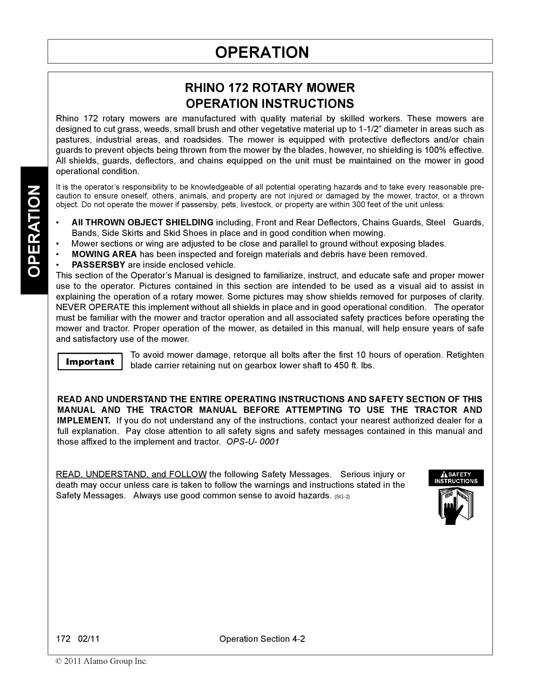 Servis-Rhino 00781400C manual Rhino 172 Rotary Mower Operation Instructions 