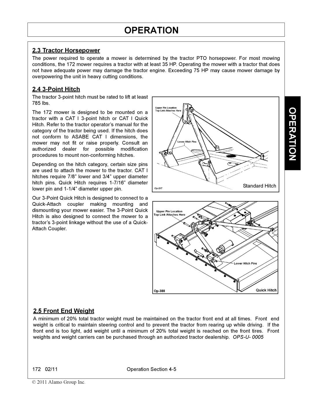 Servis-Rhino 00781400C manual Tractor Horsepower, Point Hitch, Front End Weight 