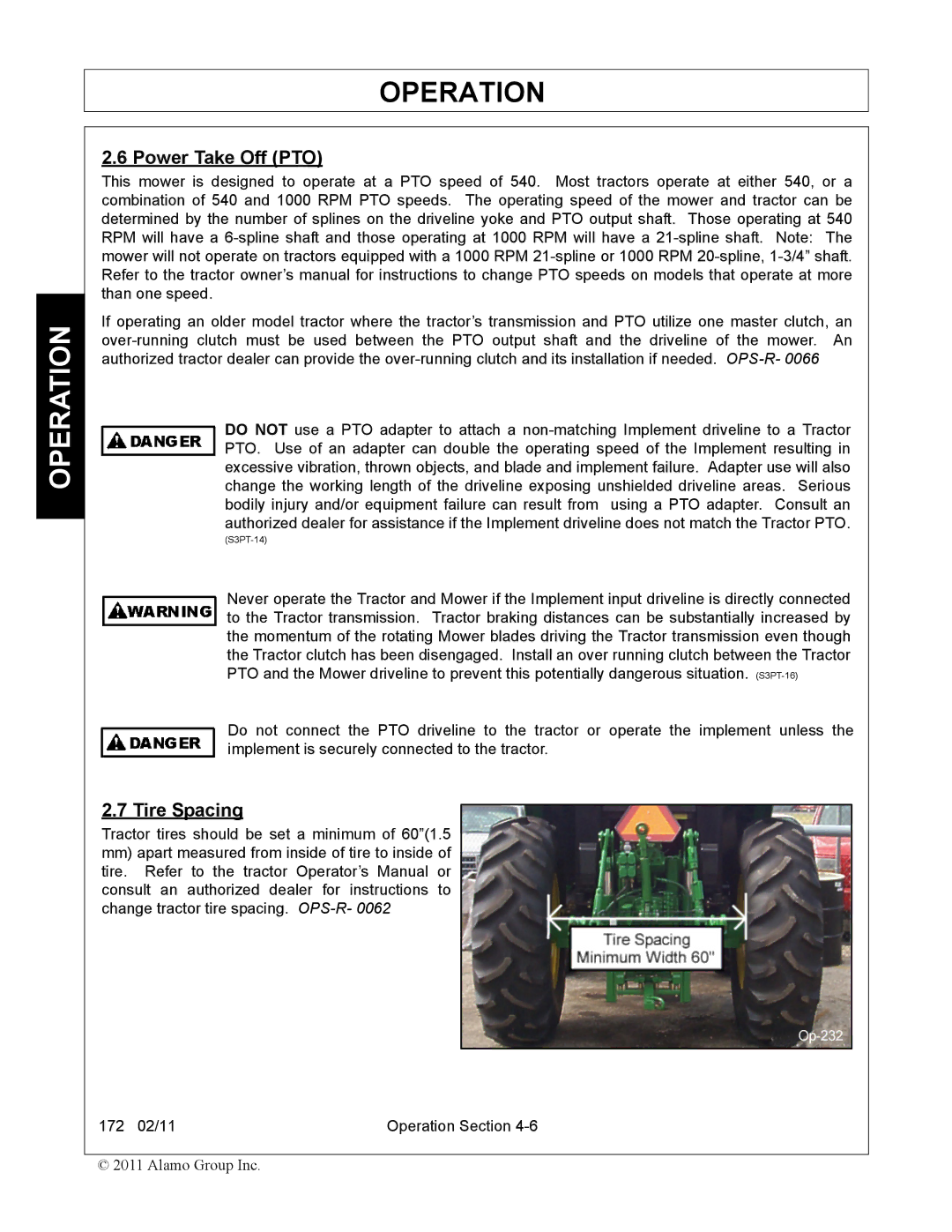 Servis-Rhino 00781400C manual Power Take Off PTO, Tire Spacing 