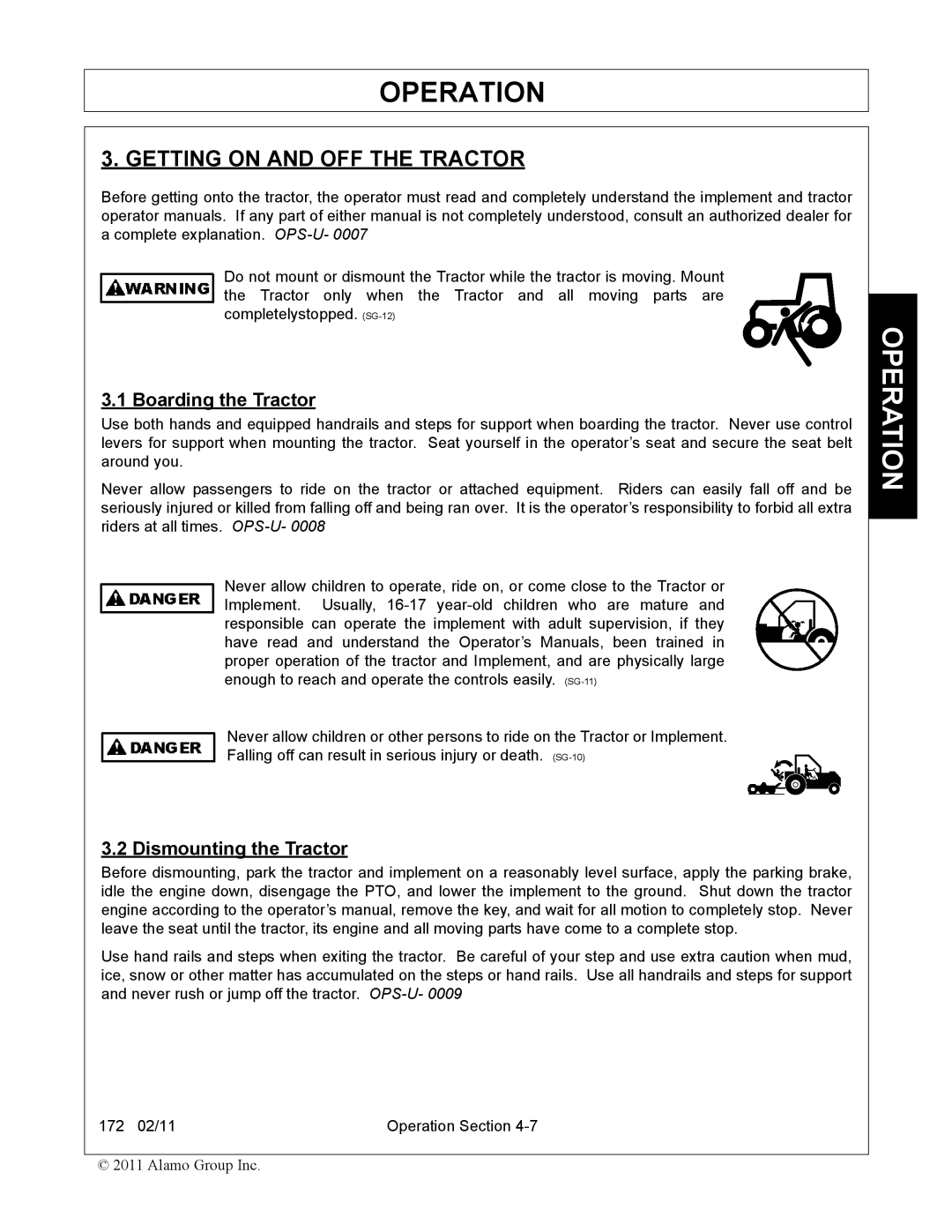 Servis-Rhino 00781400C manual Getting on and OFF the Tractor, Boarding the Tractor, Dismounting the Tractor 