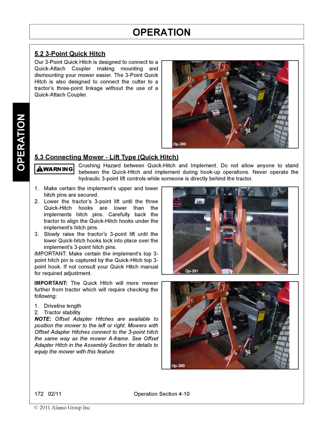 Servis-Rhino 00781400C manual Point Quick Hitch, Connecting Mower Lift Type Quick Hitch 