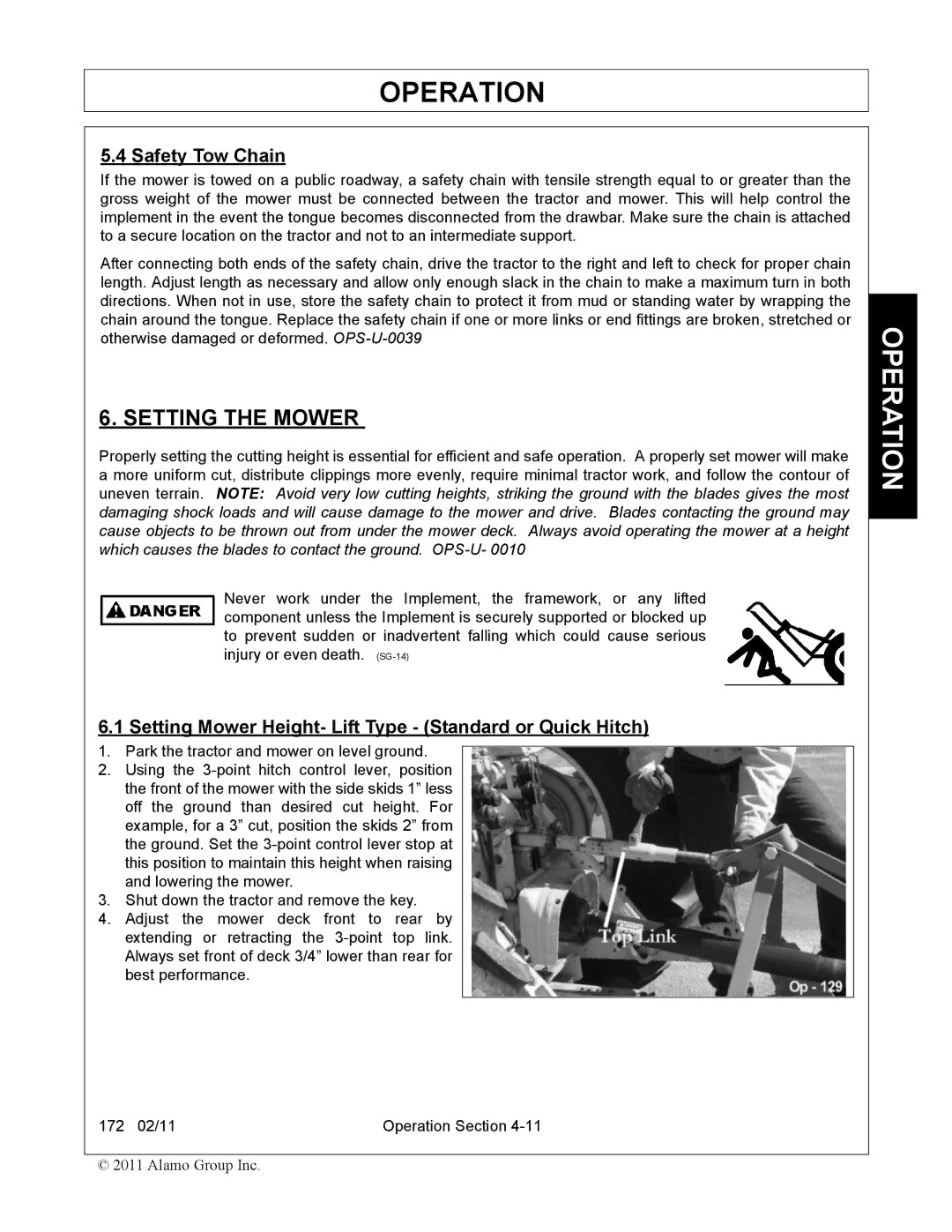 Servis-Rhino 00781400C manual Setting the Mower, Safety Tow Chain, Setting Mower Height- Lift Type Standard or Quick Hitch 