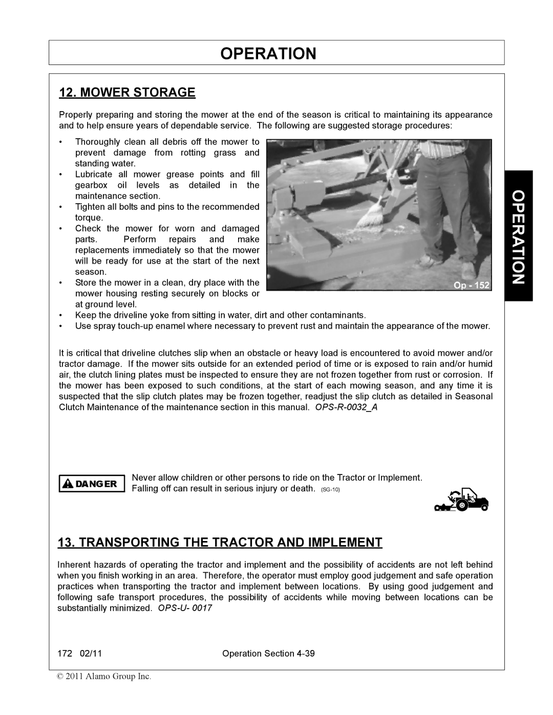 Servis-Rhino 00781400C manual Mower Storage, Transporting the Tractor and Implement 