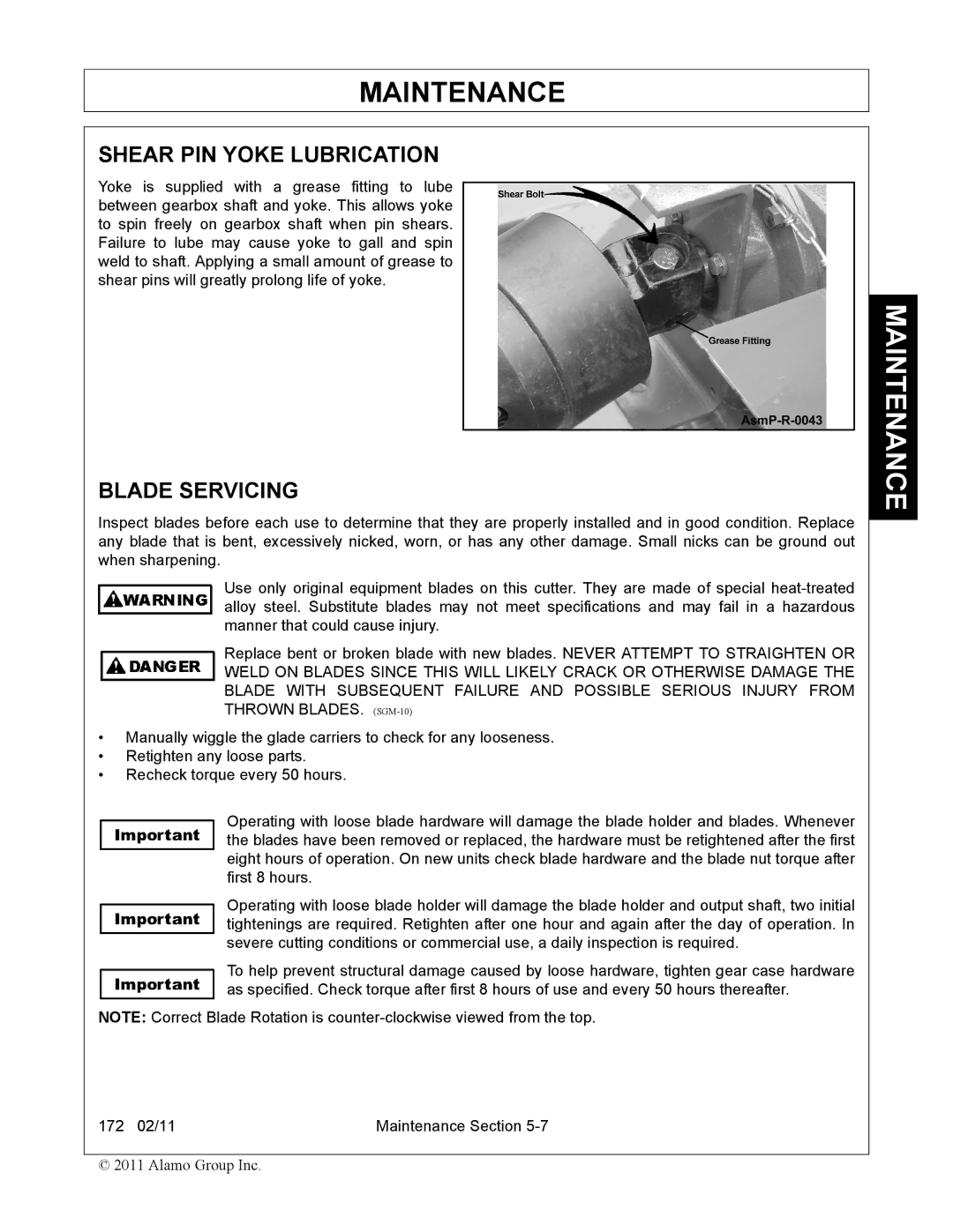 Servis-Rhino 00781400C manual Shear PIN Yoke Lubrication, Blade Servicing 