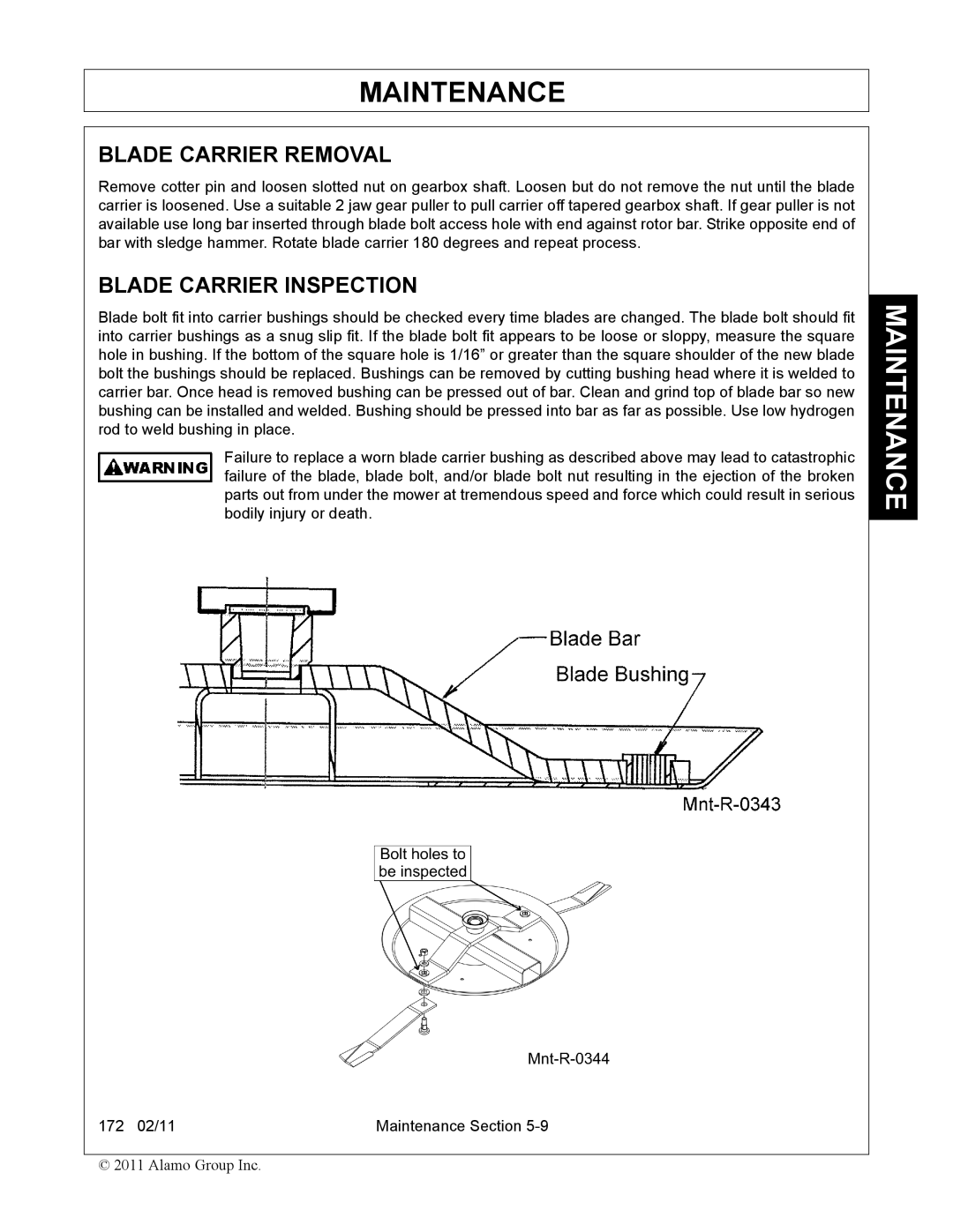 Servis-Rhino 00781400C manual Blade Carrier Removal, Blade Carrier Inspection 