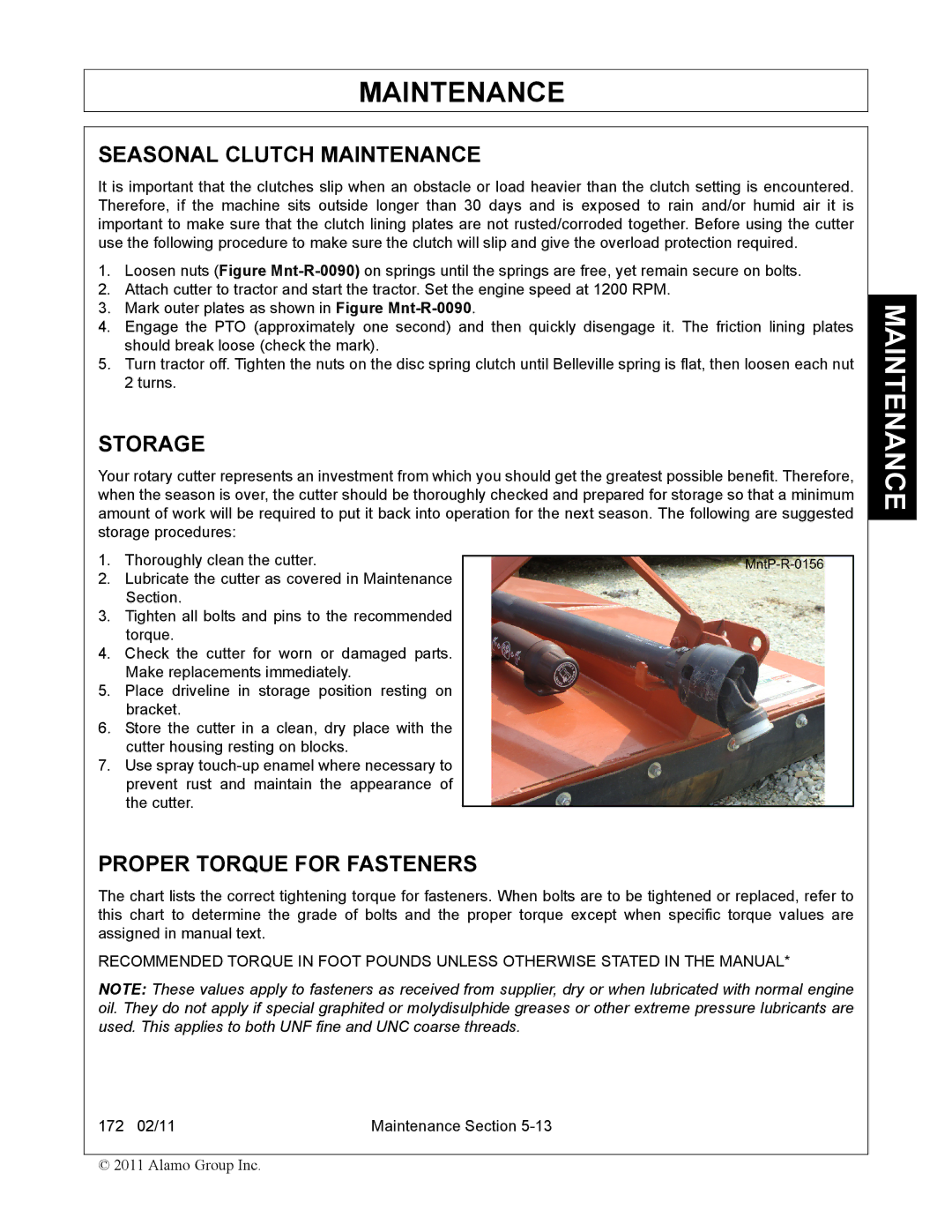 Servis-Rhino 00781400C manual Seasonal Clutch Maintenance, Storage, Proper Torque for Fasteners 