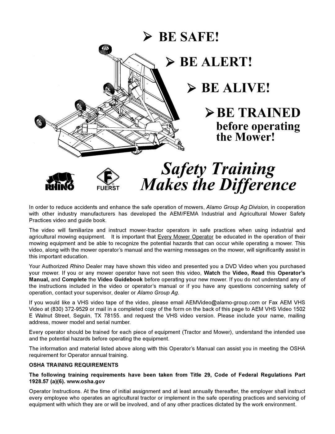 Servis-Rhino 00781400C manual Osha Training Requirements 