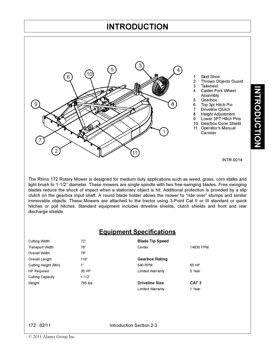 Servis-Rhino 00781400C manual Equipment Specifications 