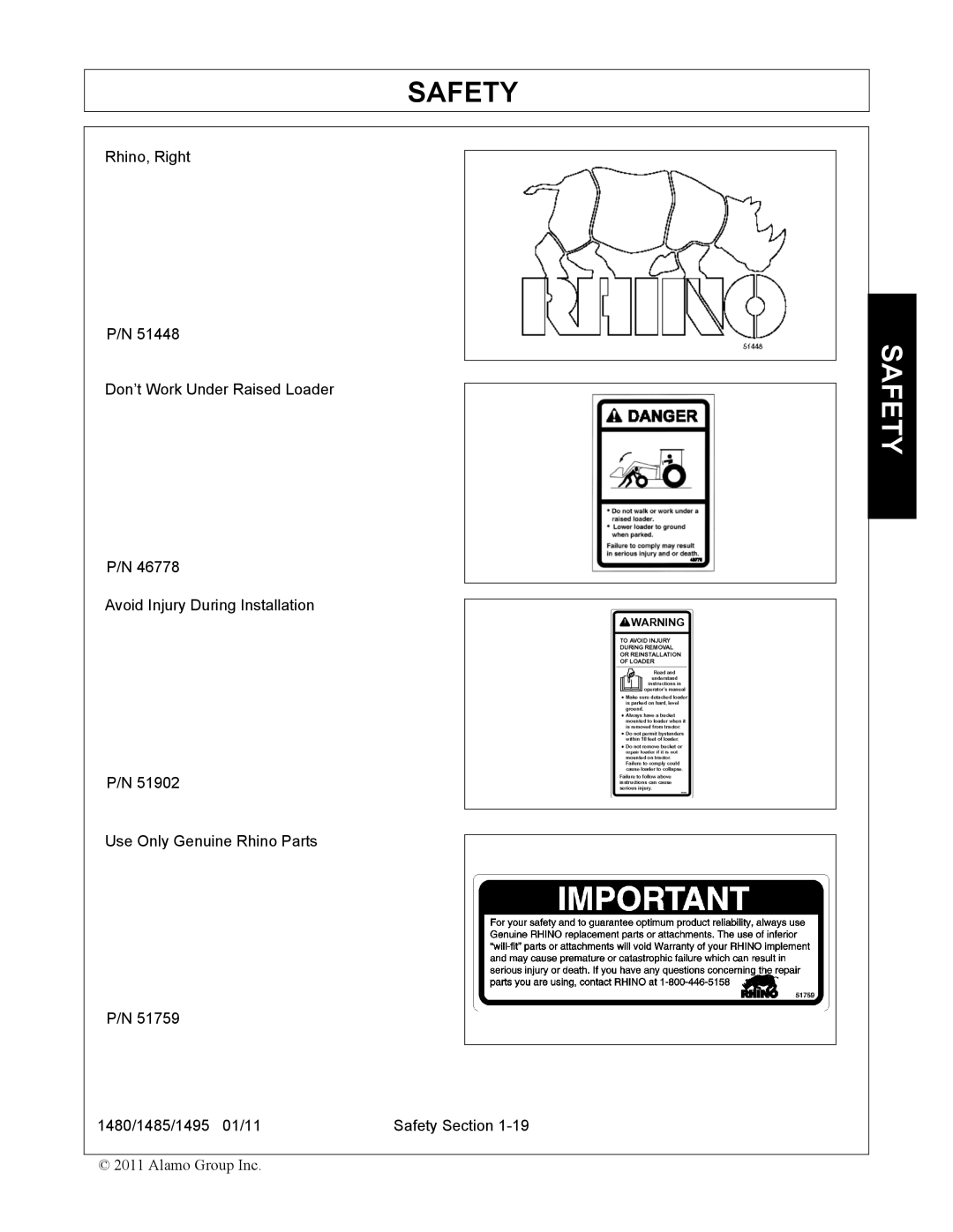 Servis-Rhino 1495, 1480, 1485 manual Safety 