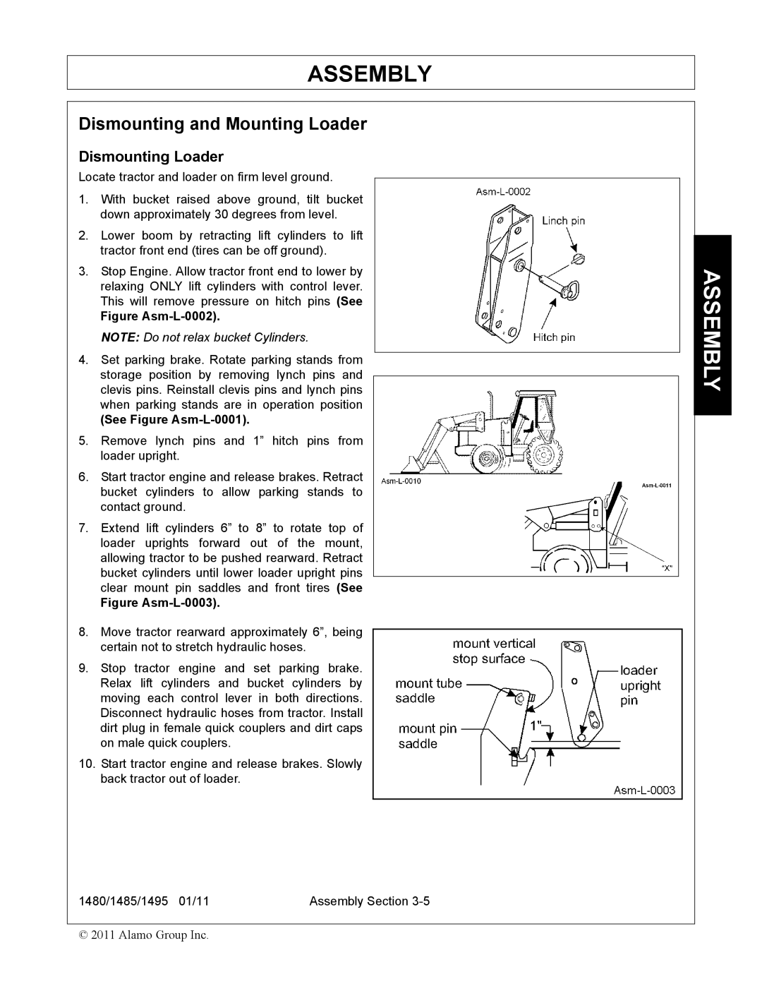 Servis-Rhino 1480, 1485, 1495 manual Dismounting and Mounting Loader, Dismounting Loader 