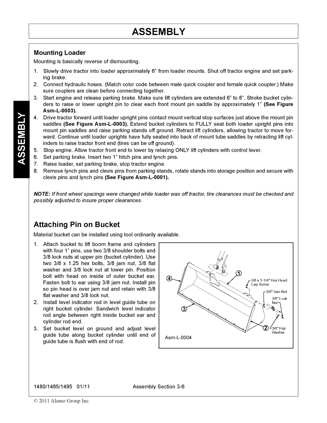 Servis-Rhino 1485, 1480, 1495 manual Attaching Pin on Bucket, Mounting Loader 