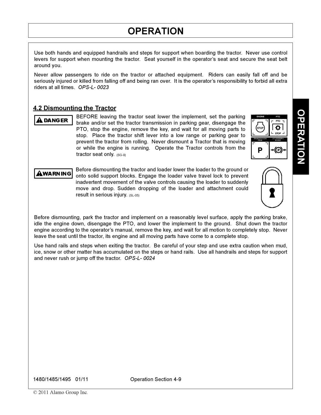 Servis-Rhino 1485, 1480, 1495 manual Dismounting the Tractor 