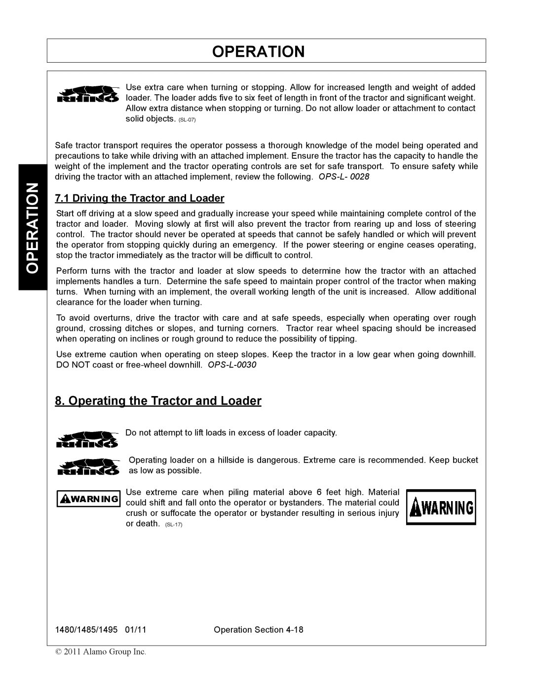 Servis-Rhino 1485, 1480, 1495 manual Operating the Tractor and Loader, Driving the Tractor and Loader 