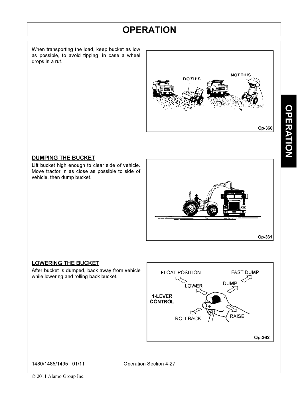 Servis-Rhino 1485, 1480, 1495 manual Dumping the Bucket 