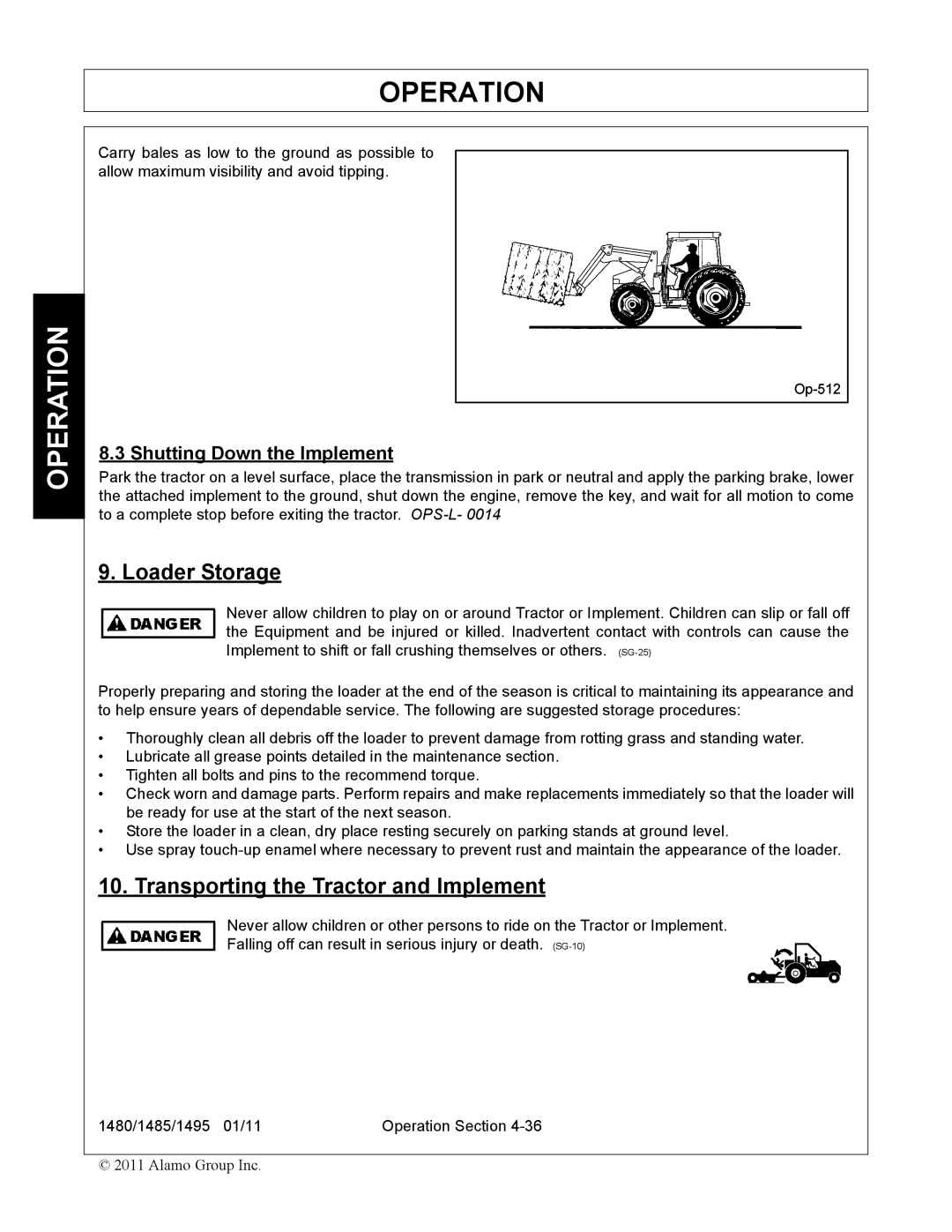 Servis-Rhino 1485, 1480, 1495 manual Loader Storage, Transporting the Tractor and Implement, Shutting Down the Implement 