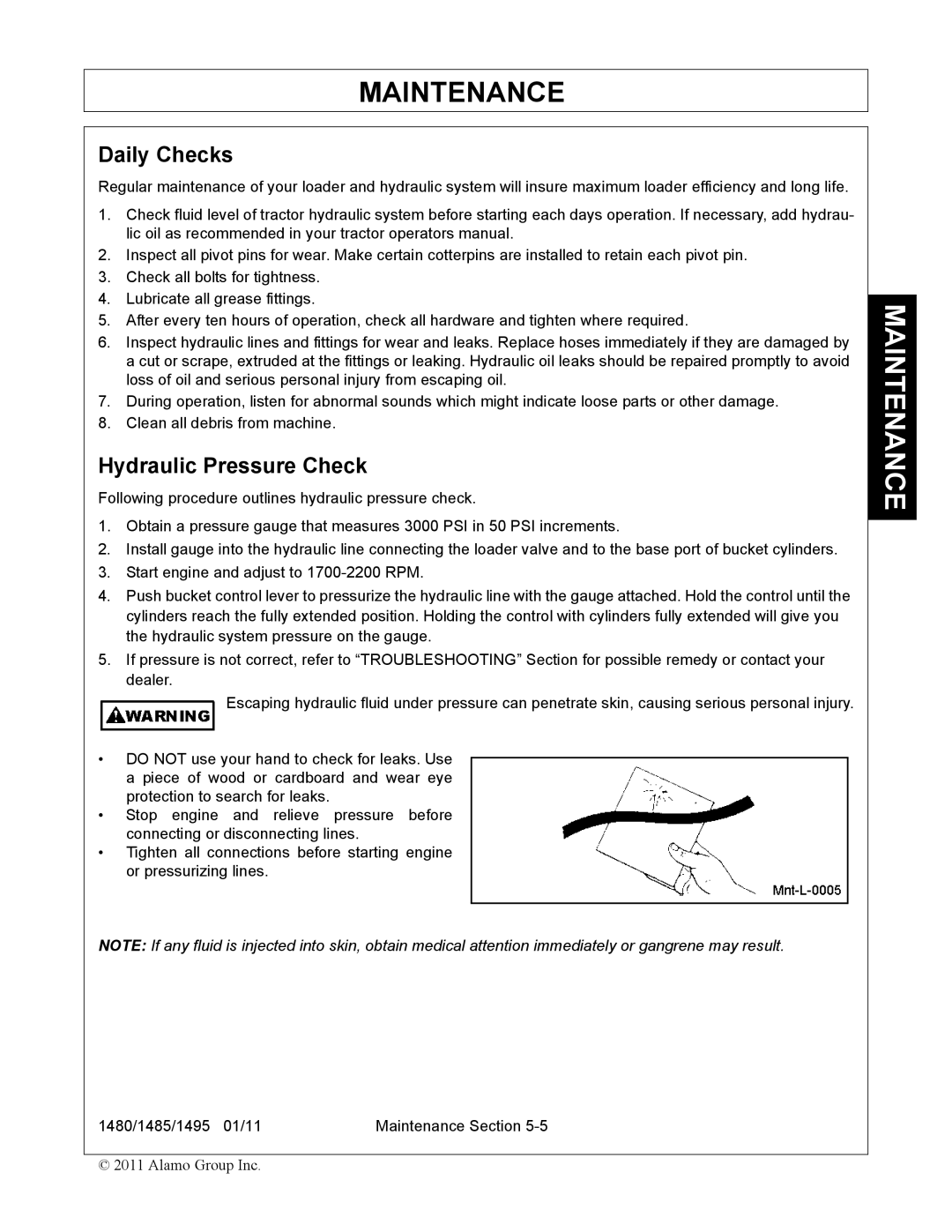 Servis-Rhino 1480, 1485, 1495 manual Daily Checks, Hydraulic Pressure Check 