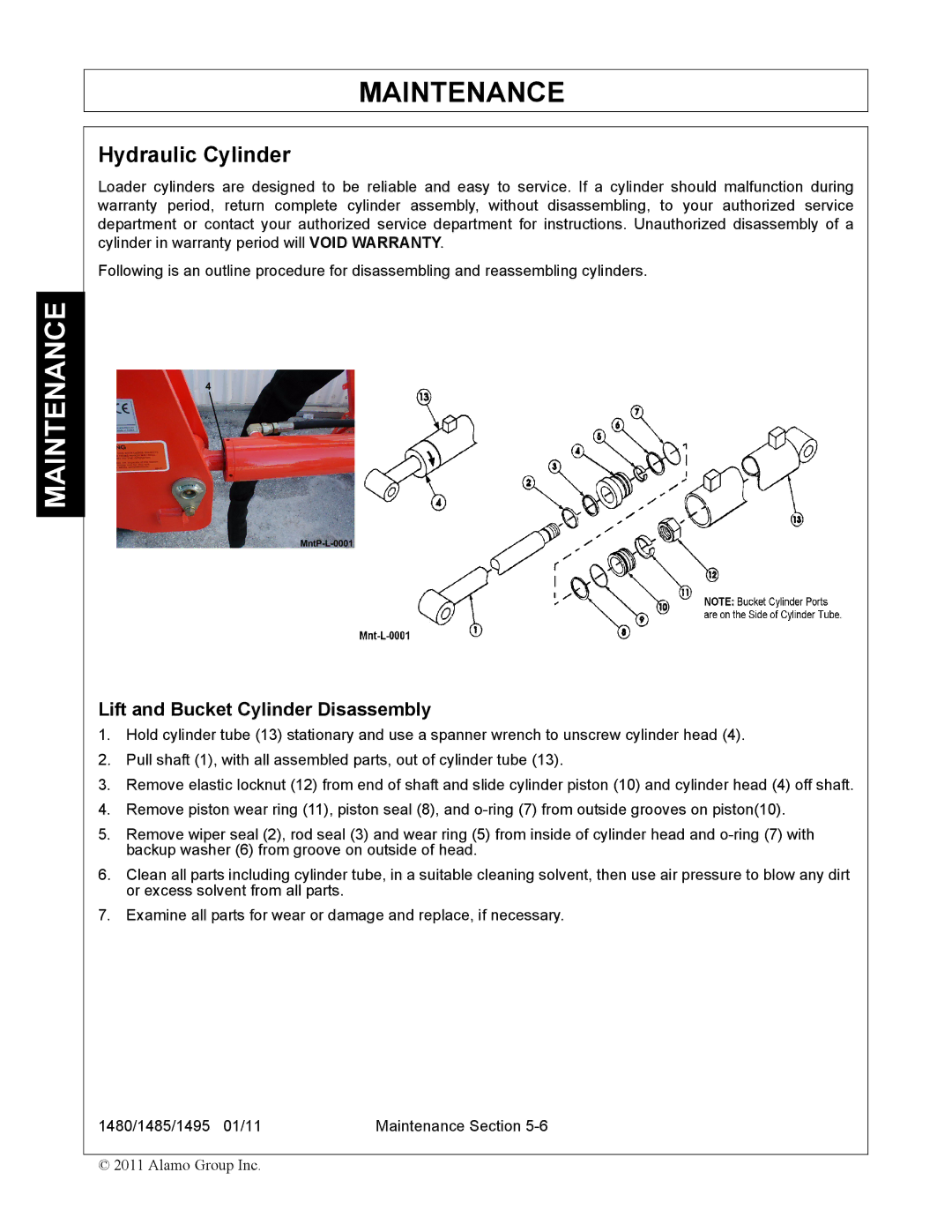 Servis-Rhino 1485, 1480, 1495 manual Hydraulic Cylinder, Lift and Bucket Cylinder Disassembly 