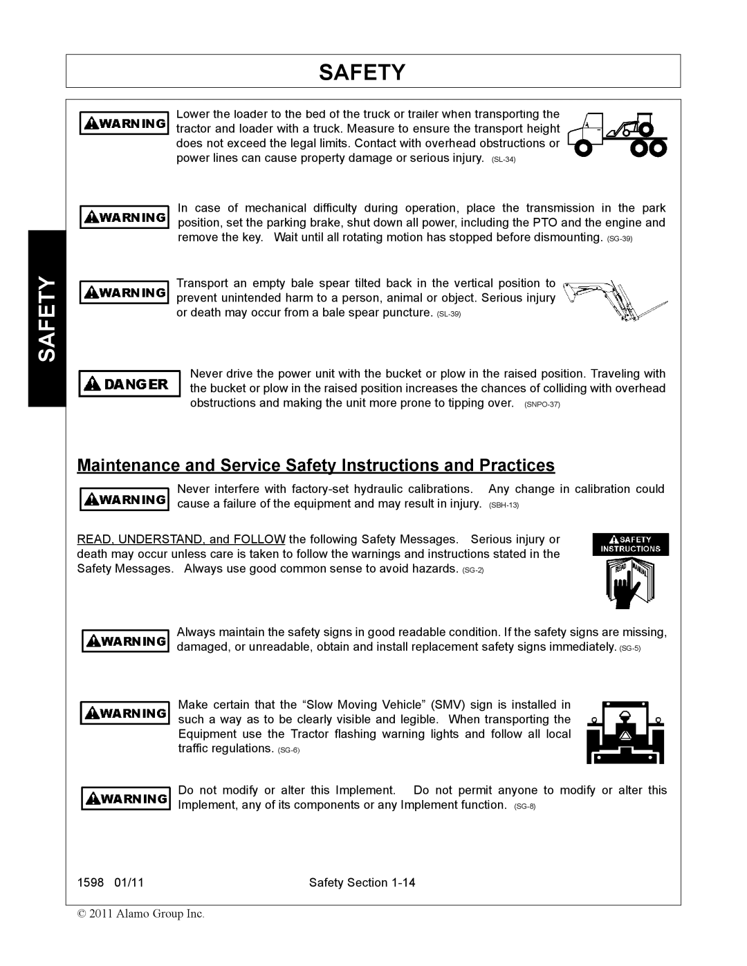 Servis-Rhino 1598 manual Maintenance and Service Safety Instructions and Practices 