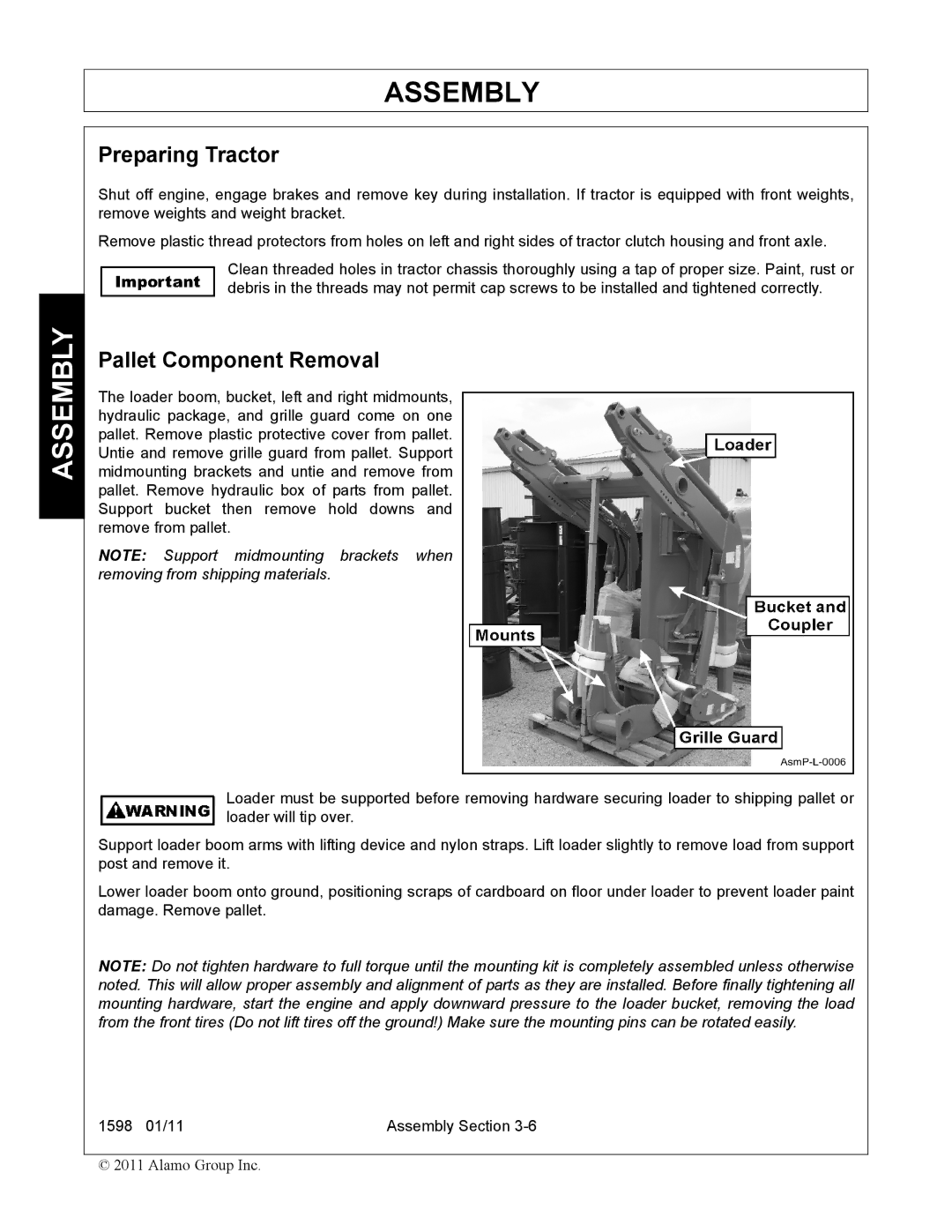 Servis-Rhino 1598 manual Preparing Tractor, Pallet Component Removal 